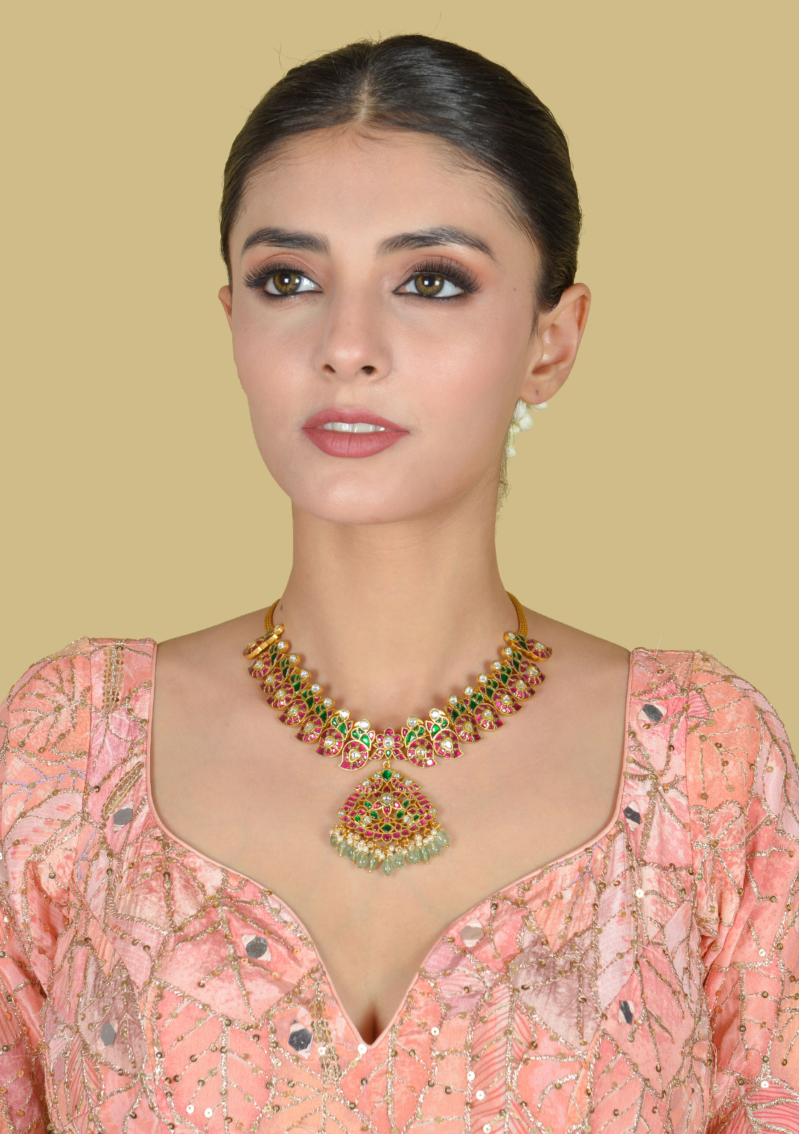 Elegant Designer Peacock Necklace with Real Jadau Kundan, Pearls, and Emerald Green Beads Hangings
