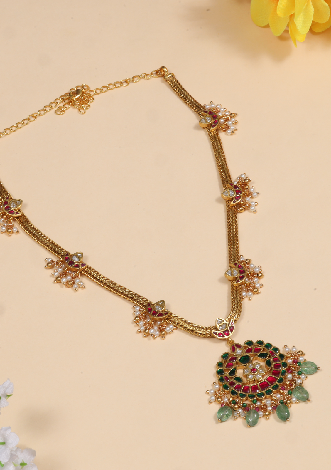 Exquisite Jadau Kundan Short Necklace with Green Emerald Hangings