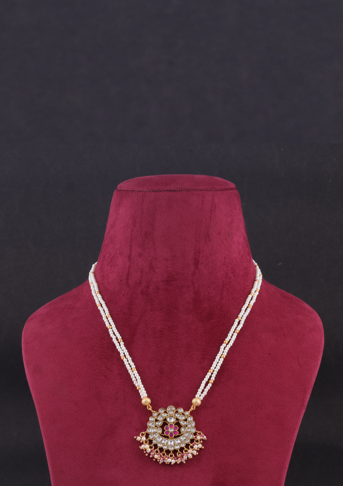 Ornate Jadau Kundan Necklace with Double Pearl Chain