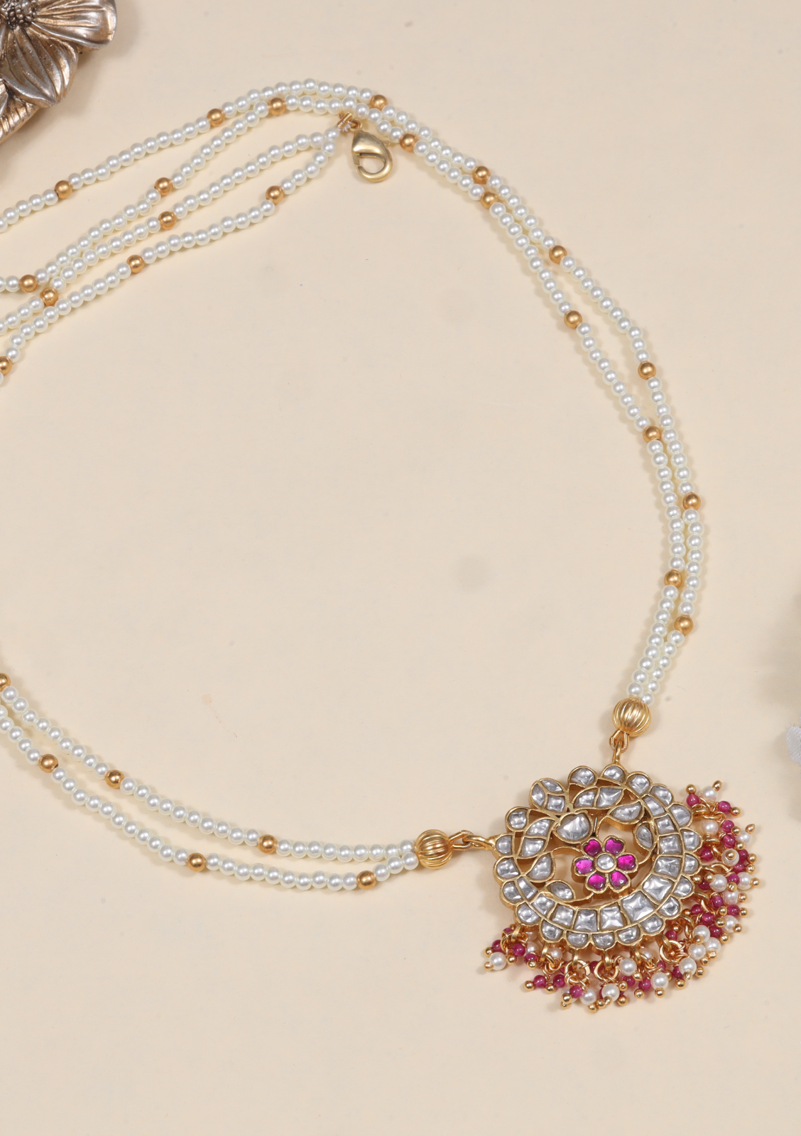 Ornate Jadau Kundan Necklace with Double Pearl Chain