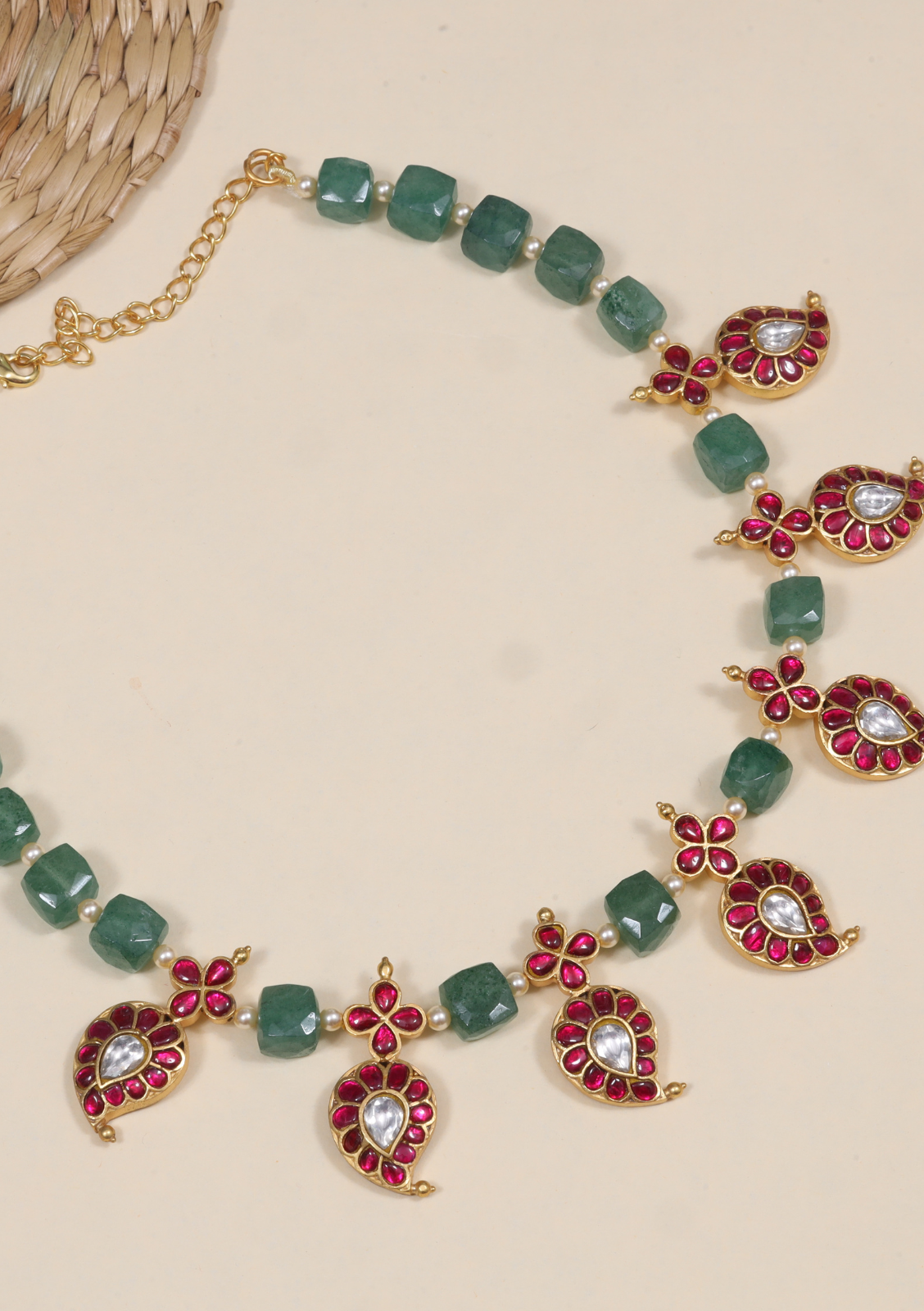 Classic Mango Jadau Kundan Short Necklace with Green Emerald Beads