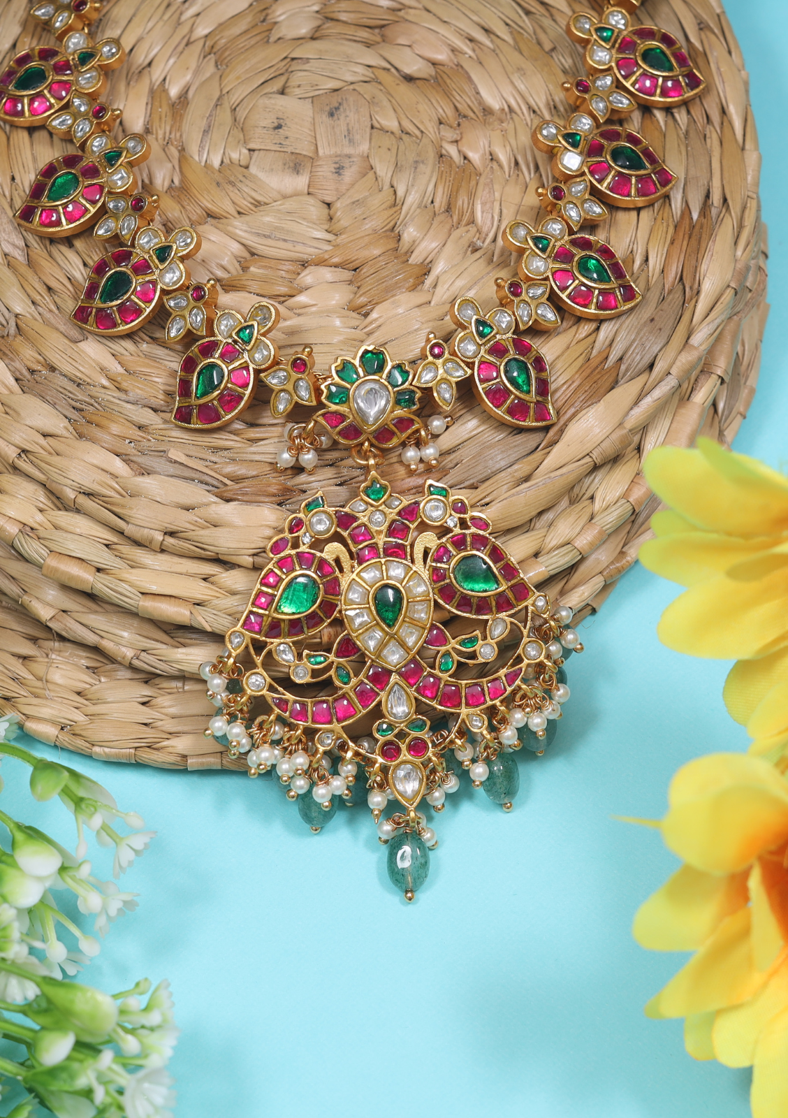 Classic Jadau Kundan Necklace with Mango Chain and Designer Peacock Pendant