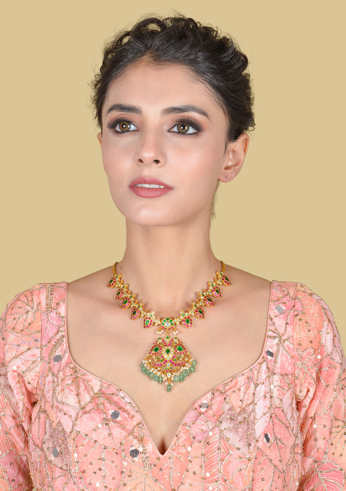 Classic Jadau Kundan Necklace with Mango Chain and Designer Peacock Pendant