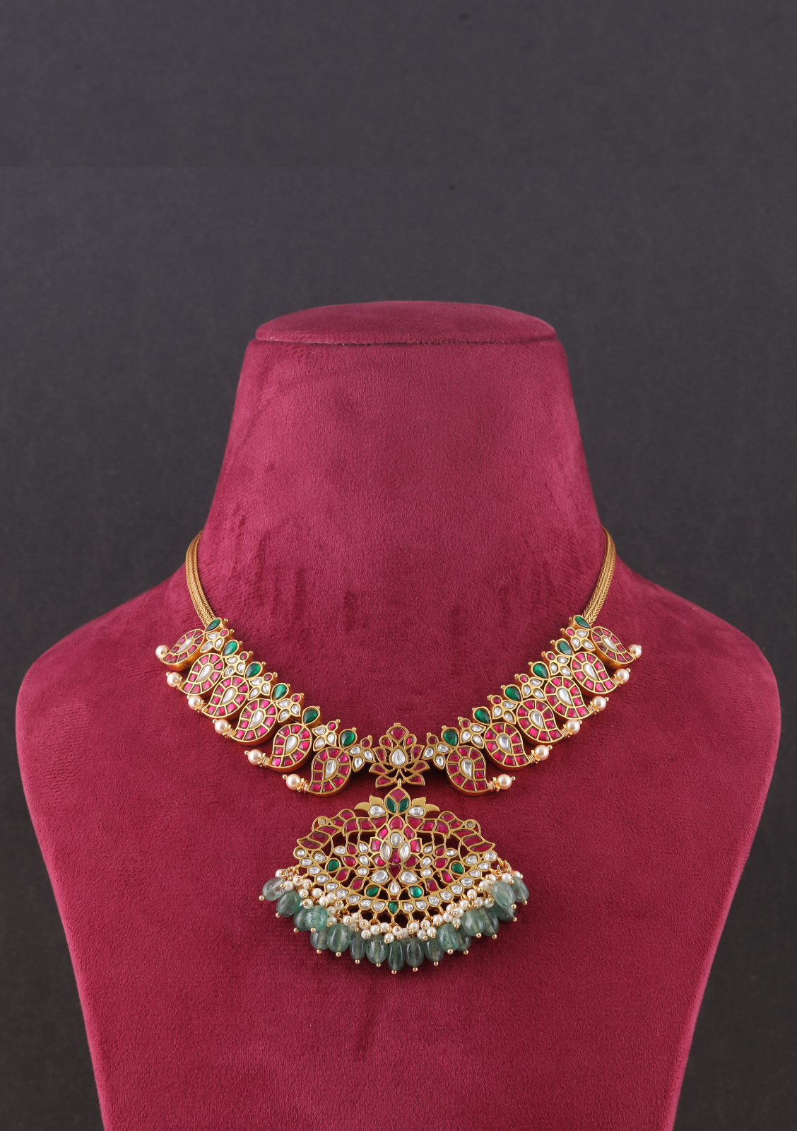 Classic Gold Plated Jadau Kundan Mango Necklace with Green Beads Hangings