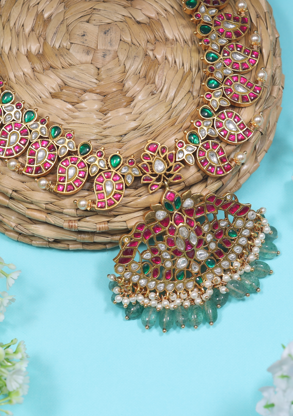 Classic Gold Plated Jadau Kundan Mango Necklace with Green Beads Hangings