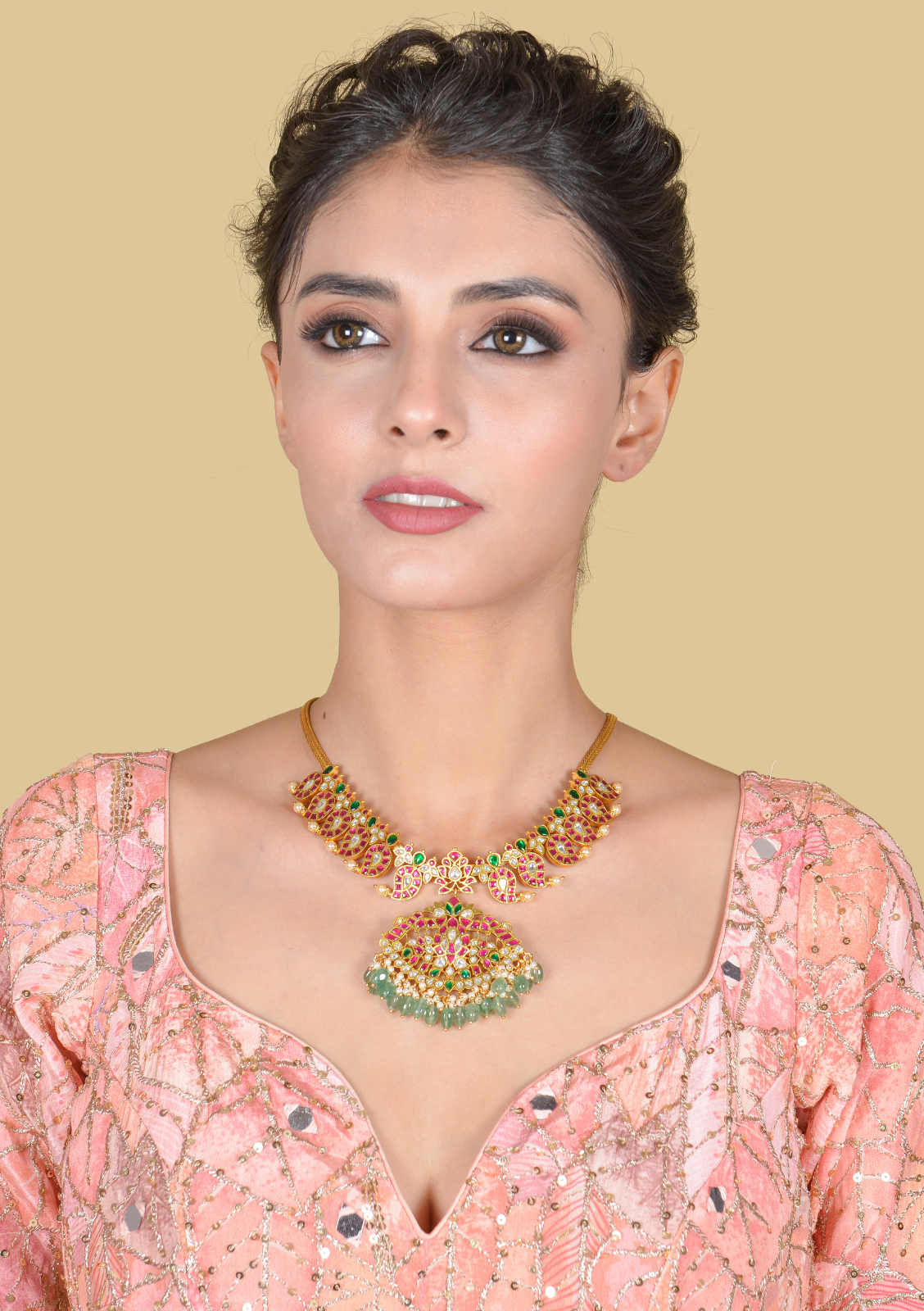 Classic Gold Plated Jadau Kundan Mango Necklace with Green Beads Hangings