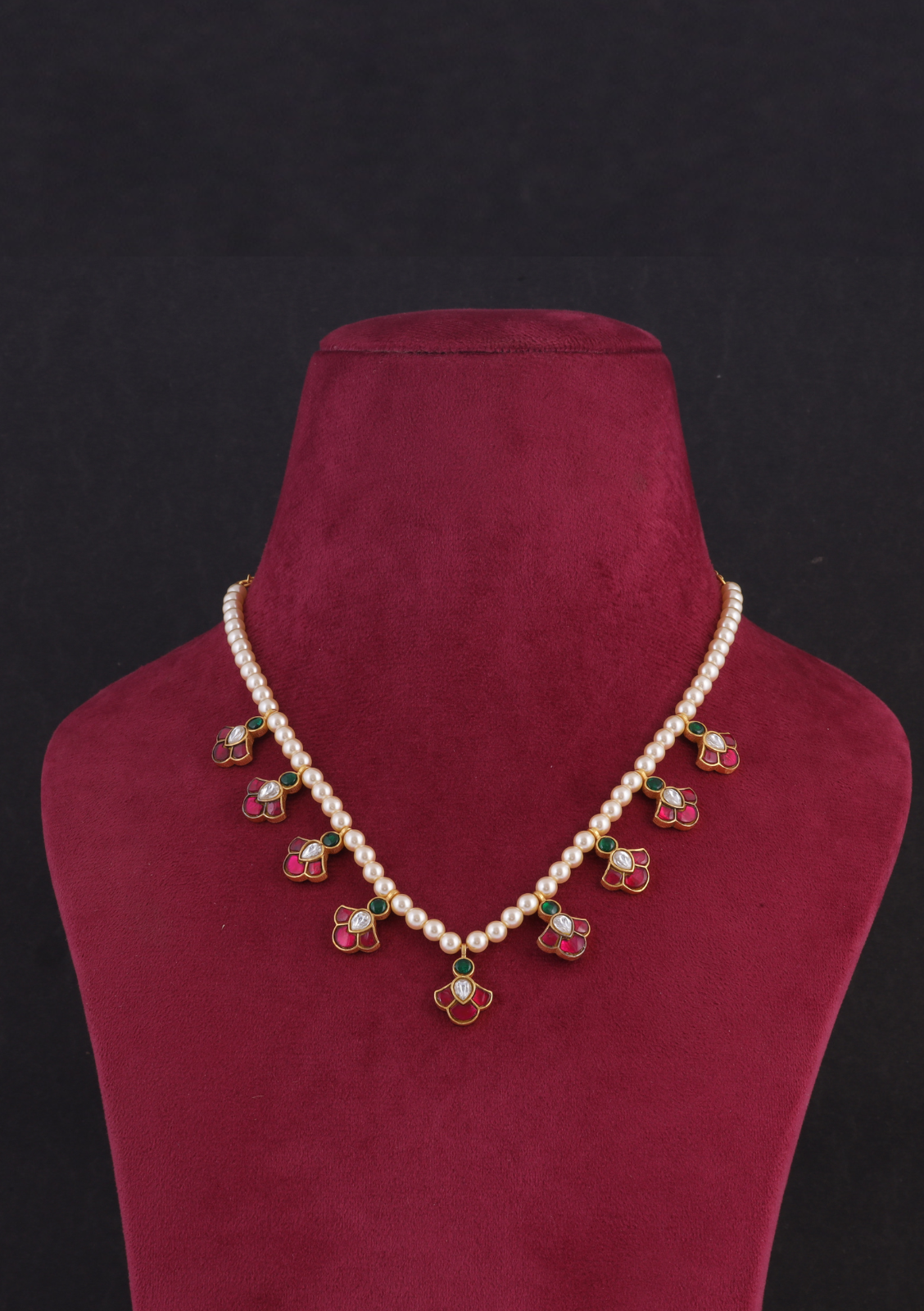 Simple and Beautiful Peals Chain Necklace Earring Set with Jadau Kundan Motifs