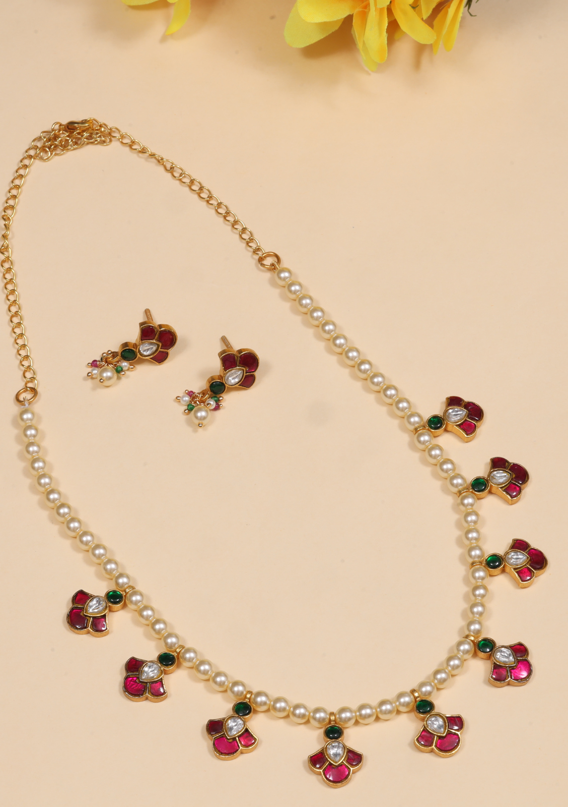 Simple and Beautiful Peals Chain Necklace Earring Set with Jadau Kundan Motifs