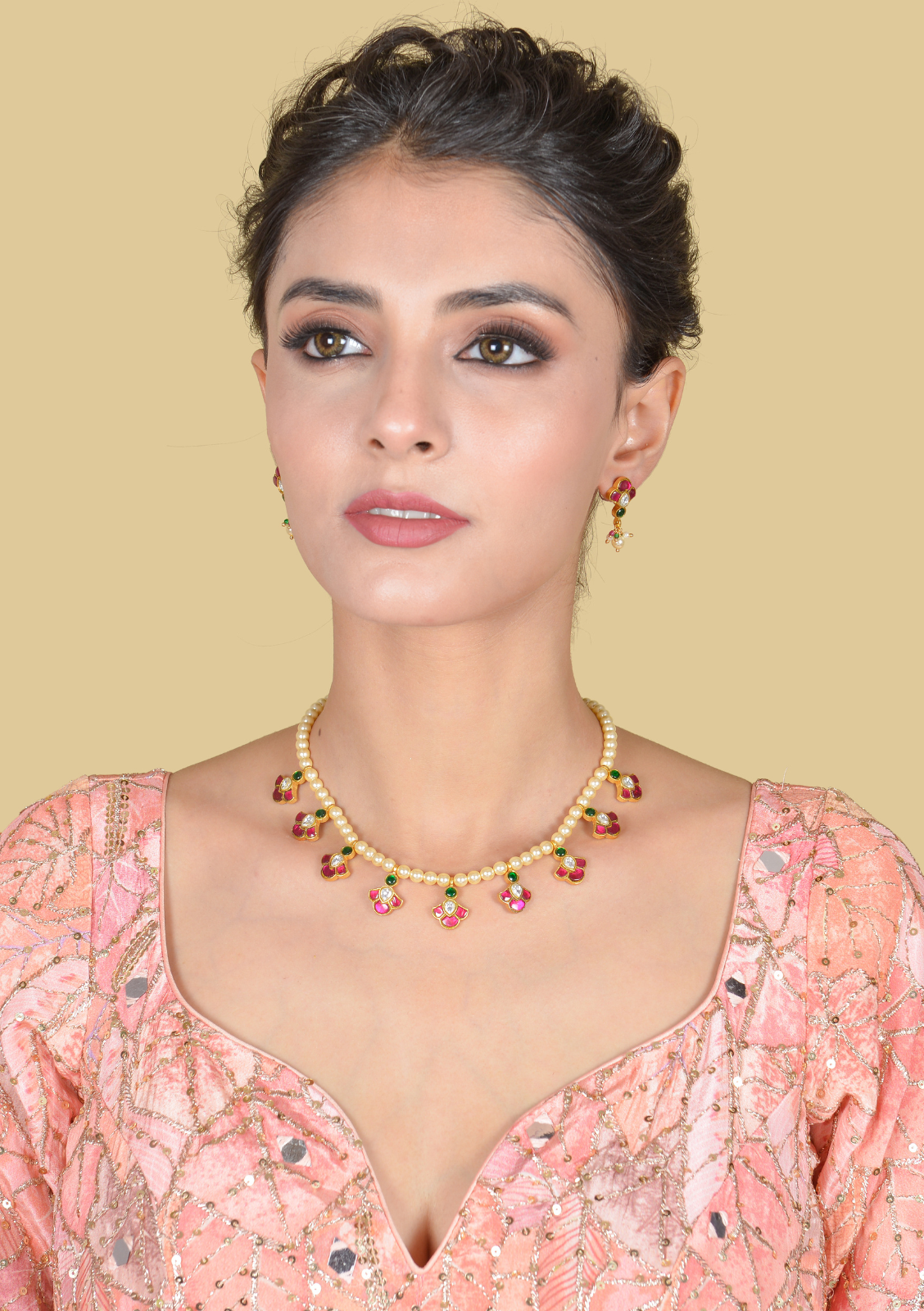 Simple and Beautiful Peals Chain Necklace Earring Set with Jadau Kundan Motifs
