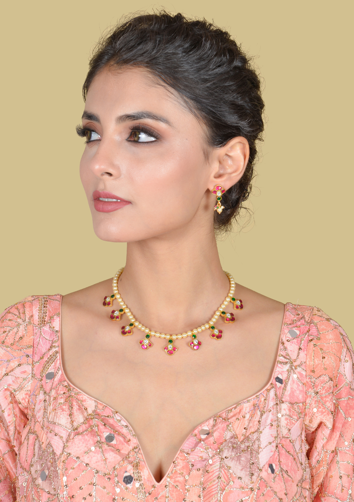 Simple and Beautiful Peals Chain Necklace Earring Set with Jadau Kundan Motifs