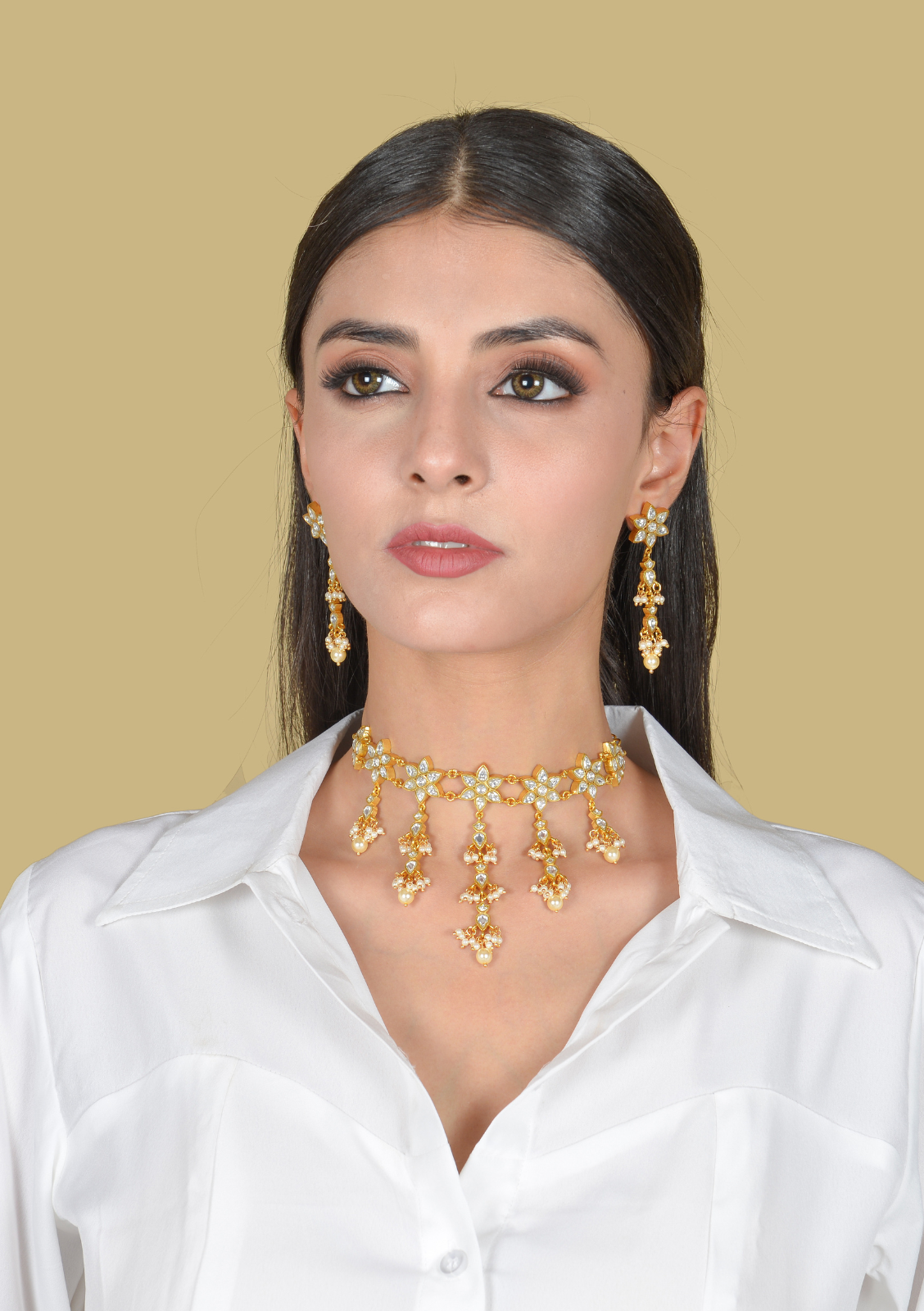 Graceful Jadau Kundan Short Choker Necklace Earring Set
