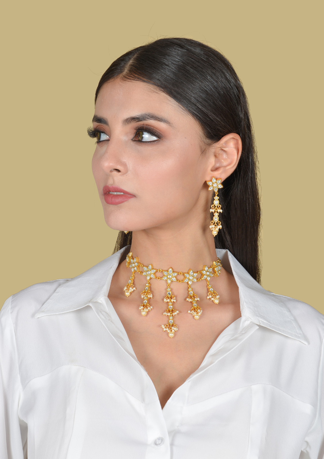 Graceful Jadau Kundan Short Choker Necklace Earring Set