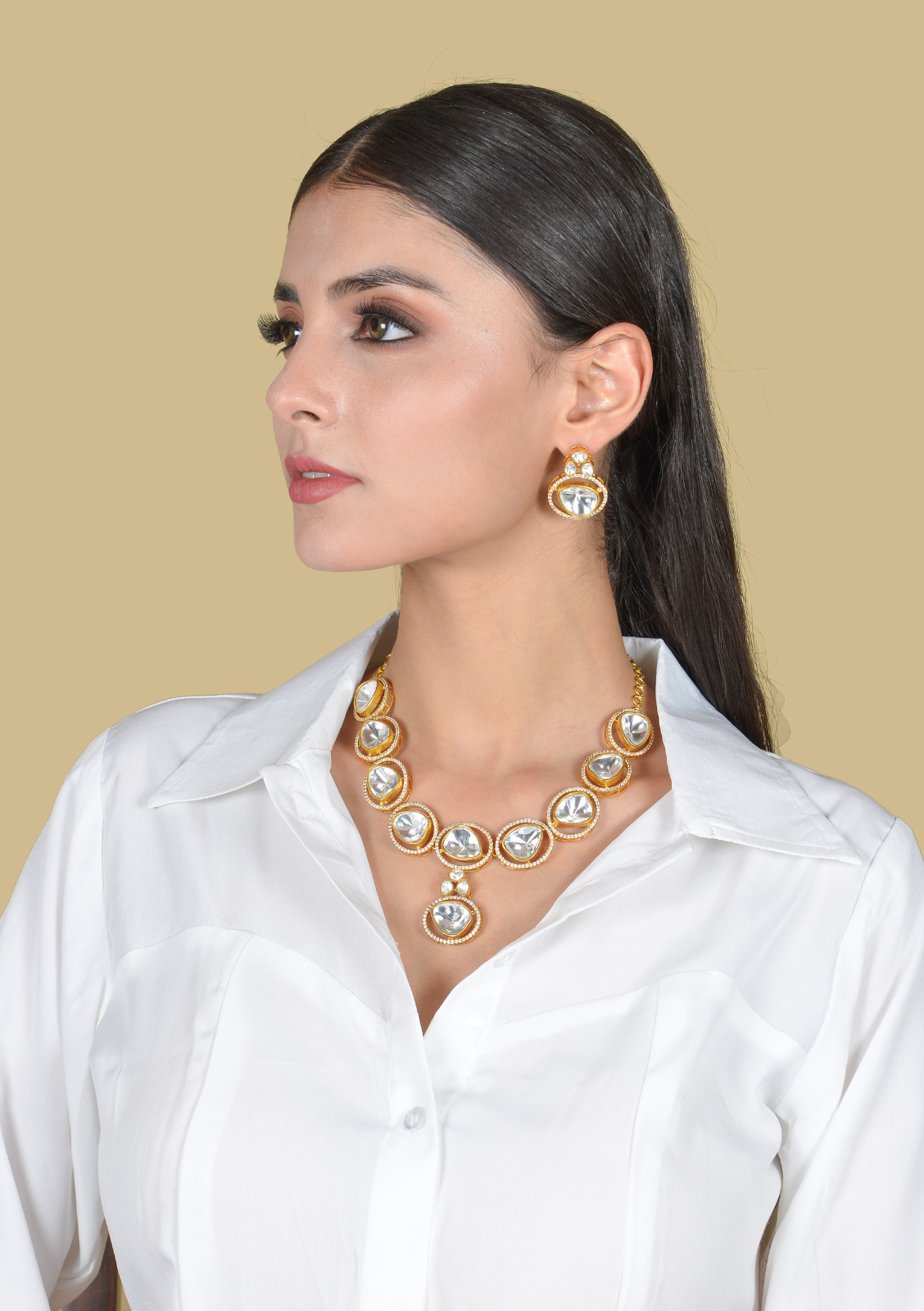 Stylish Designer Moissanite Polki Necklace Earring Set