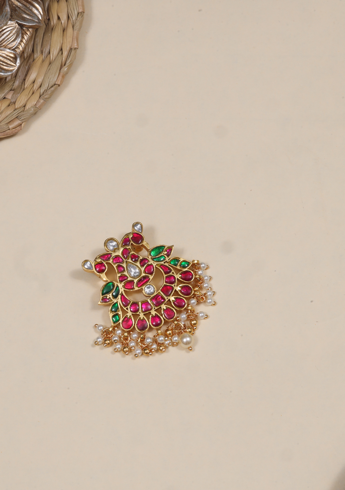 Classic Ruby and Emerald Jadau Kundan Pendant with Pearl Hangings
