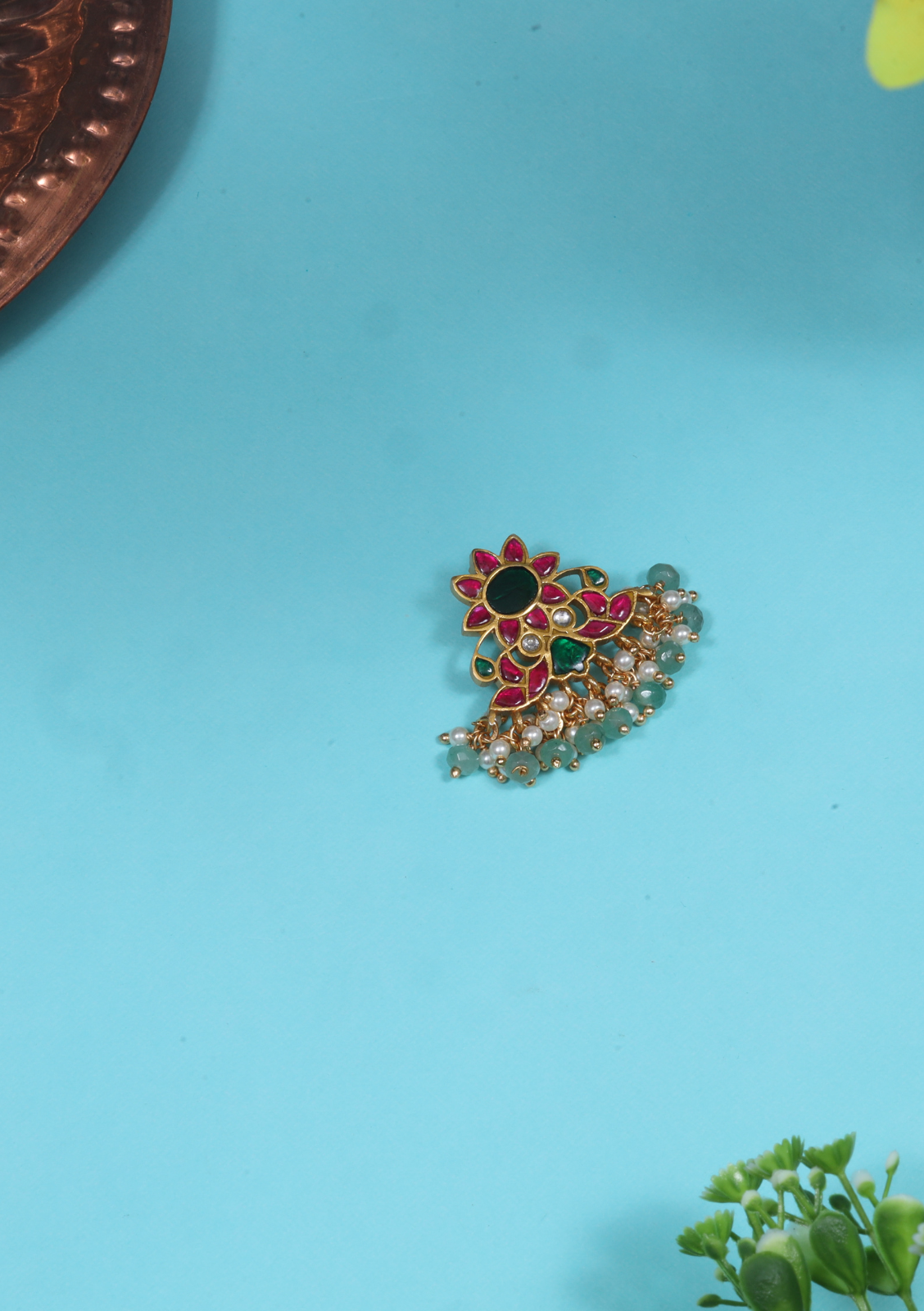 Simple Classic Jadau Kundan Designer Pendant with Pearl and Green Beads Hangings