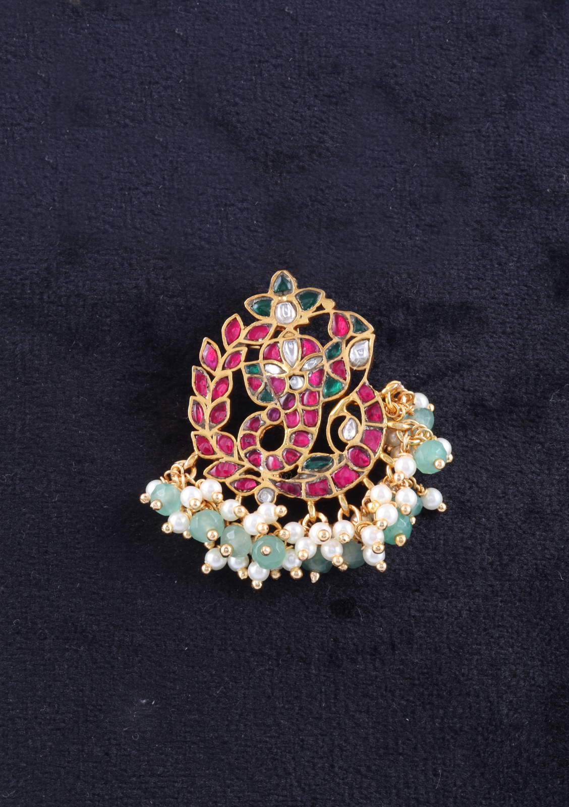 Designer Lord Ganesha Jadau Kundan Pendant with Pearl and Green Beads Hangings