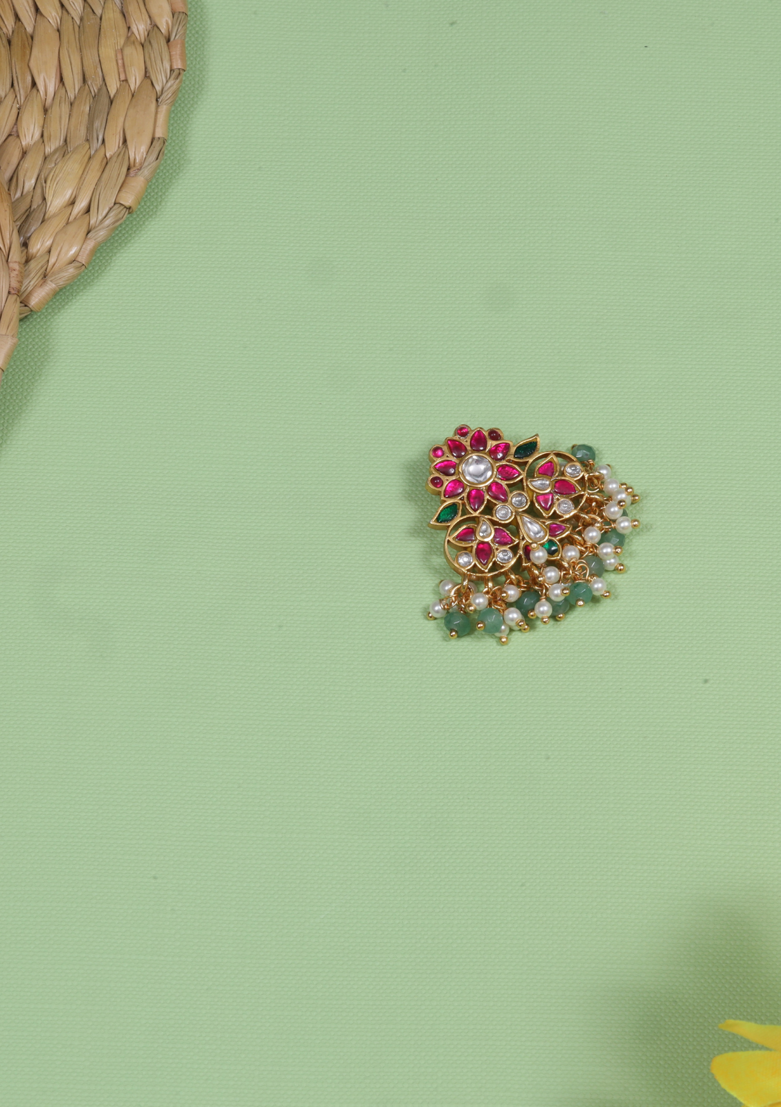 Simple and Attractive Jadau Kundan Pendant with Pearl and Green Beads Hangings