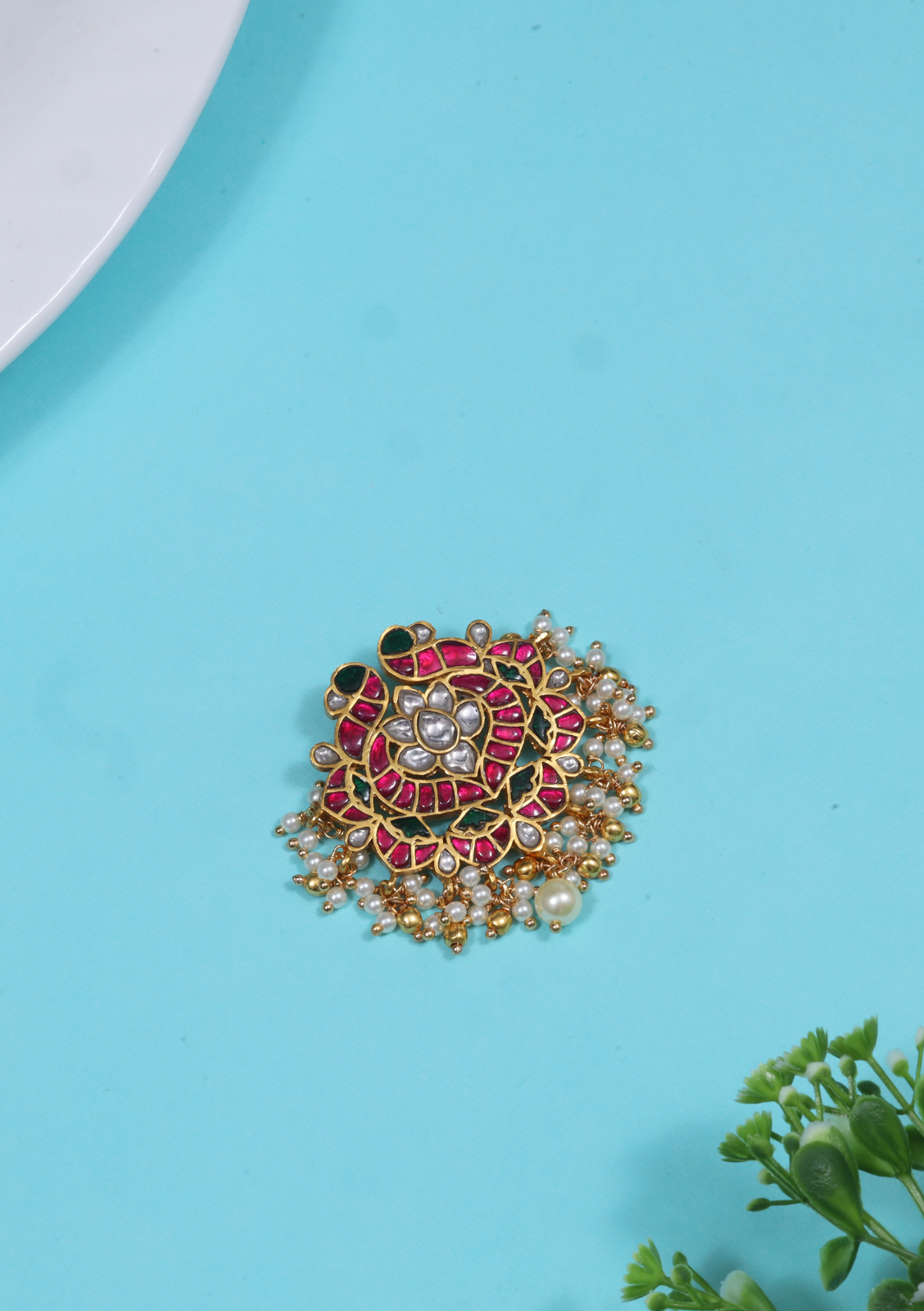 Exclusive Designer Jadau Kundan Peacock Pendant with Pearl Hangings