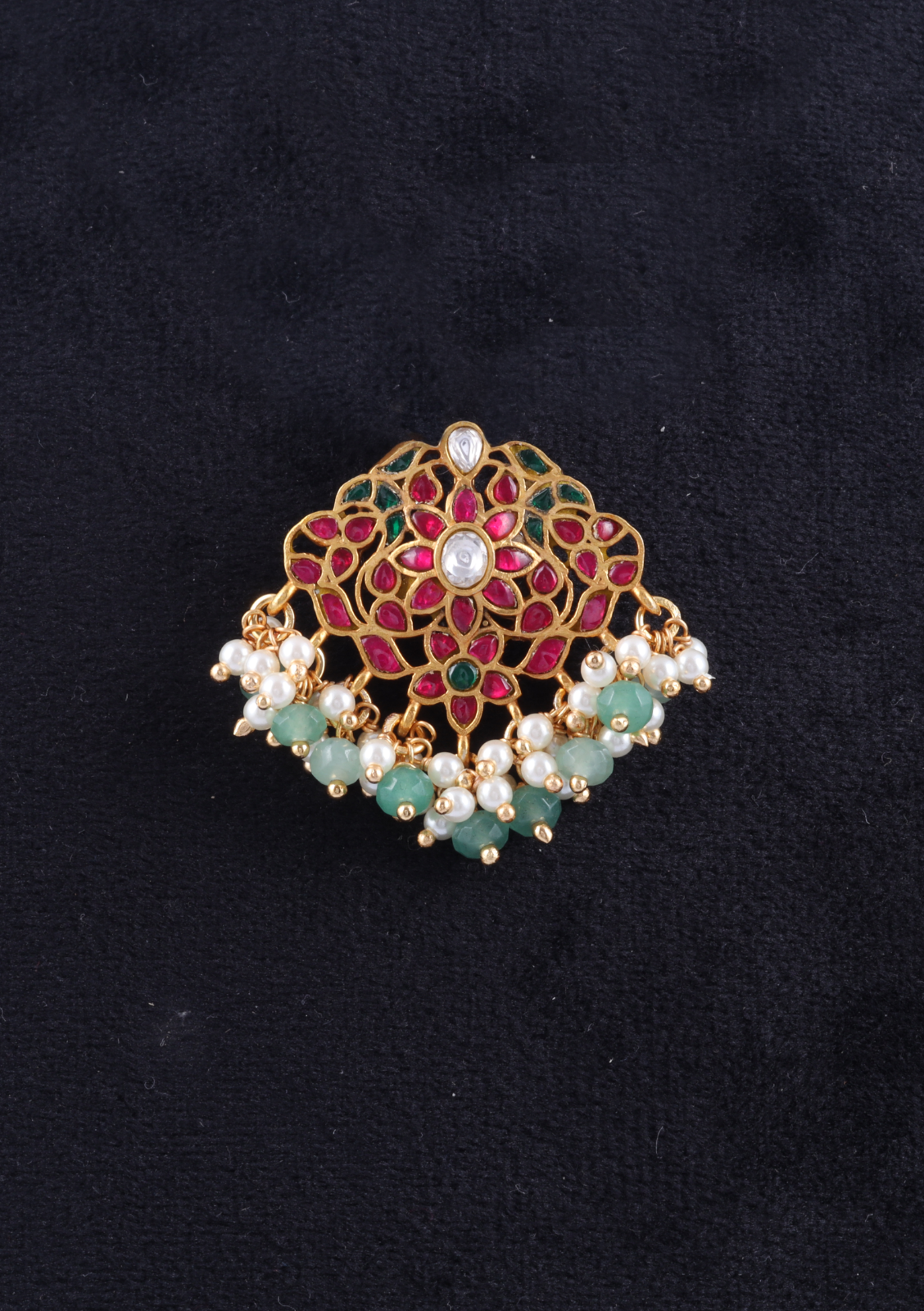 Pretty Small Jadau Kundan Pendant with Pearl and Green Hanging Beads