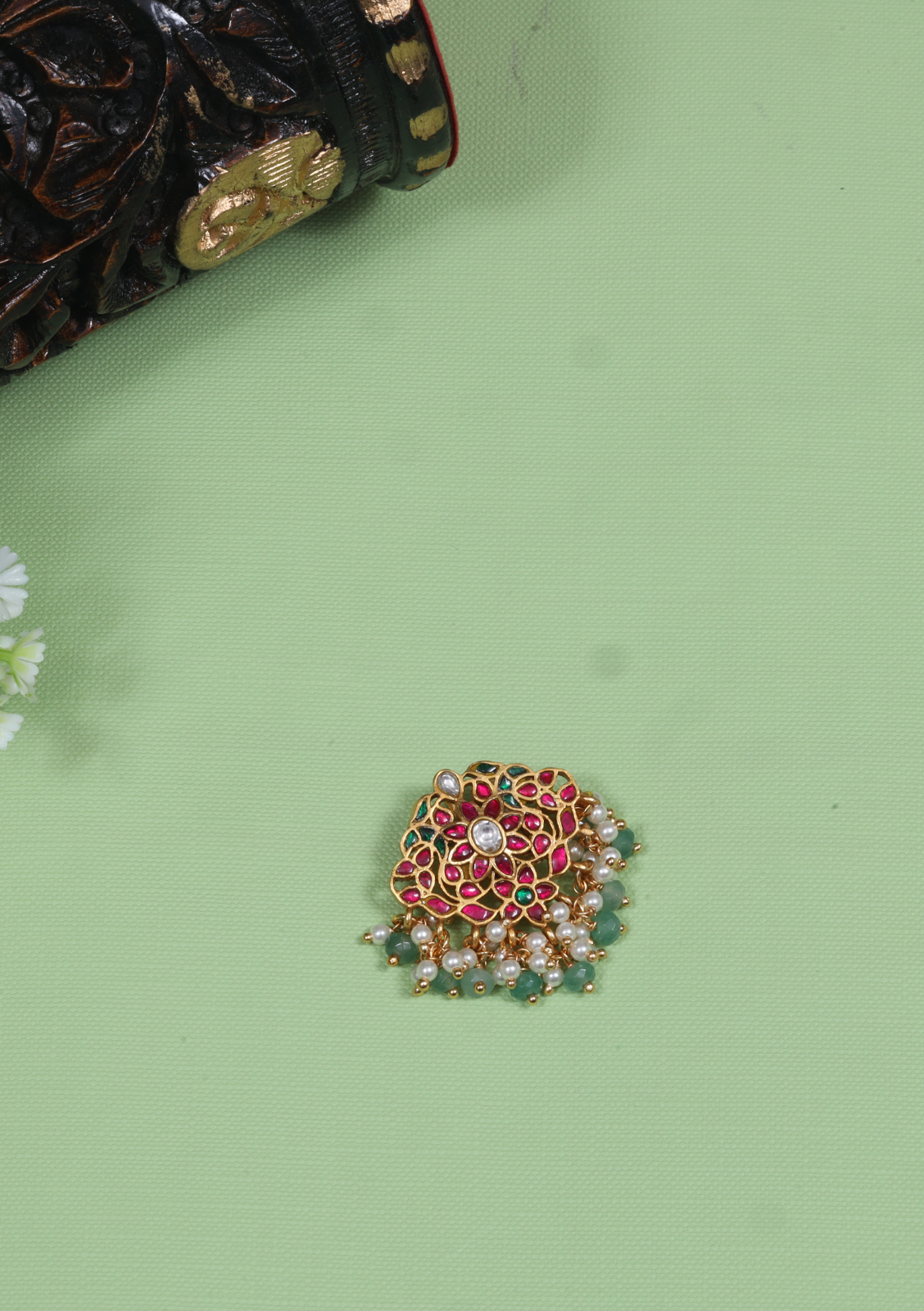 Pretty Small Jadau Kundan Pendant with Pearl and Green Hanging Beads