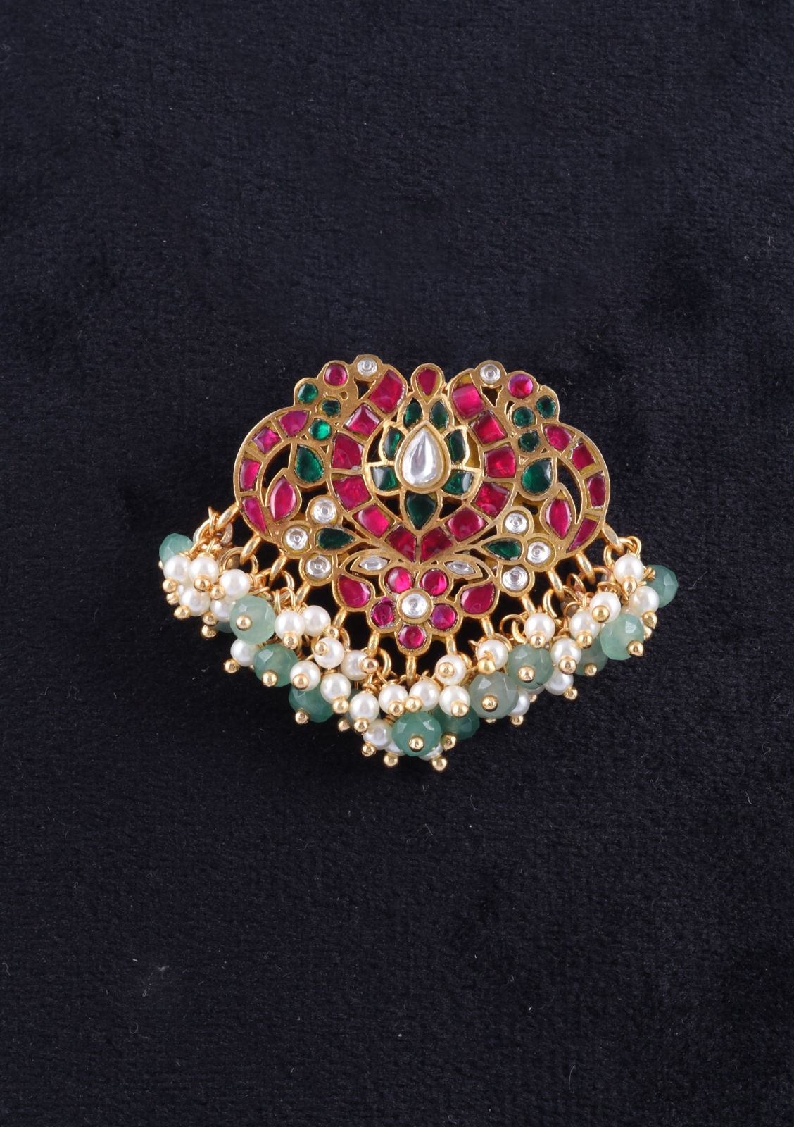 Classic Designer Motifs Peacock Jadau Kundan Pendant with Pearl and Green Beads Hangings