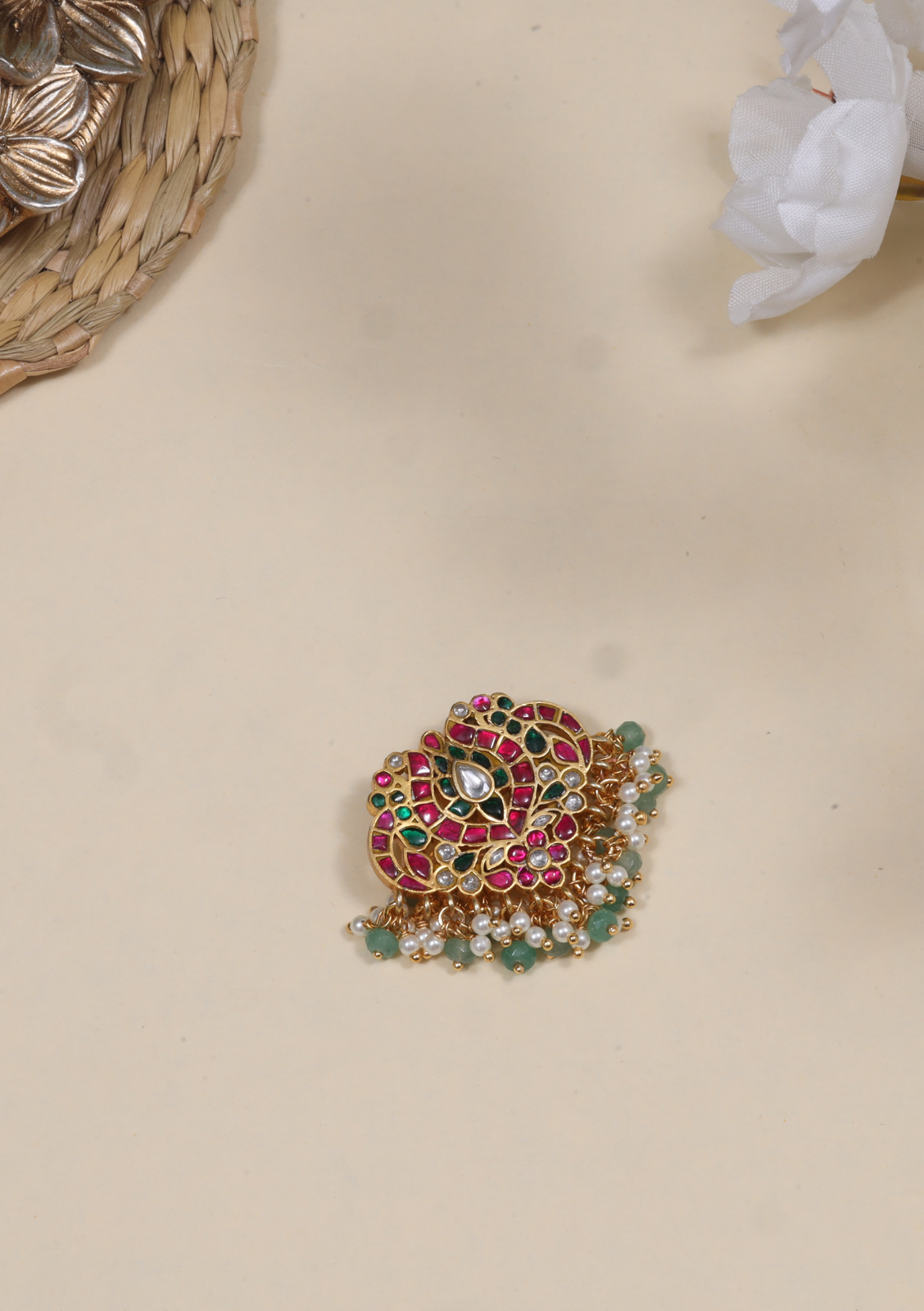 Classic Designer Motifs Peacock Jadau Kundan Pendant with Pearl and Green Beads Hangings