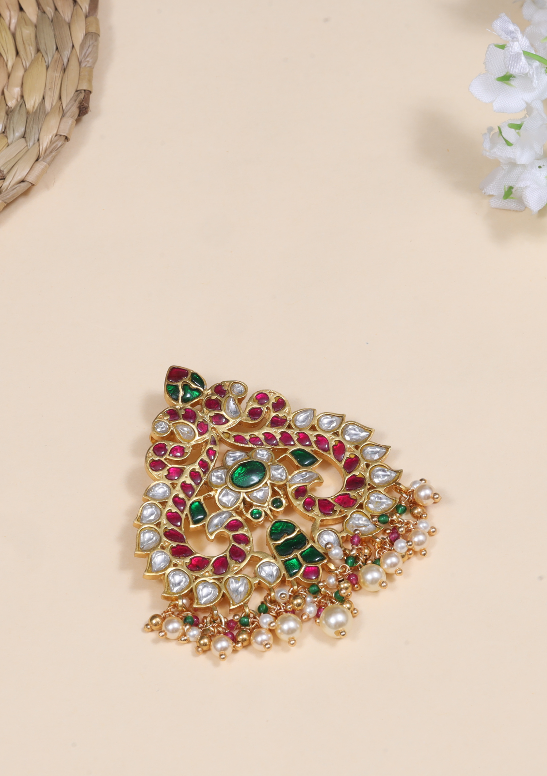 Classic Audrey Jadau Kundan Pendant with Pearl Hangings