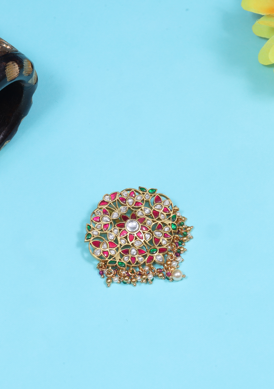 Exquisite Designer Jadau Kundan Pendant with Pearl and Colour Stone Beads Hangings