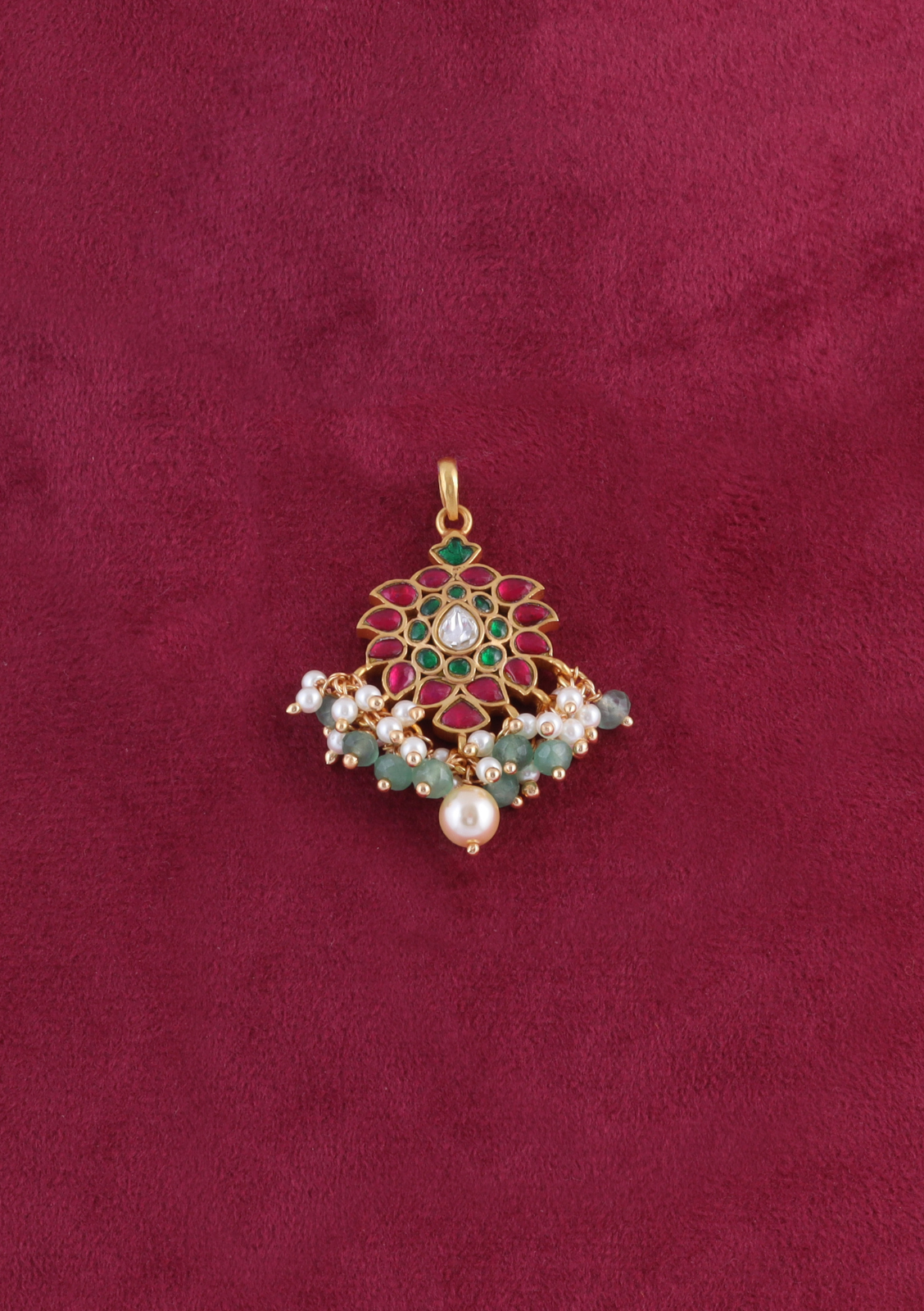 Pretty Small Jadau Kundan Pendant with Pearl and Green Beads Hangings