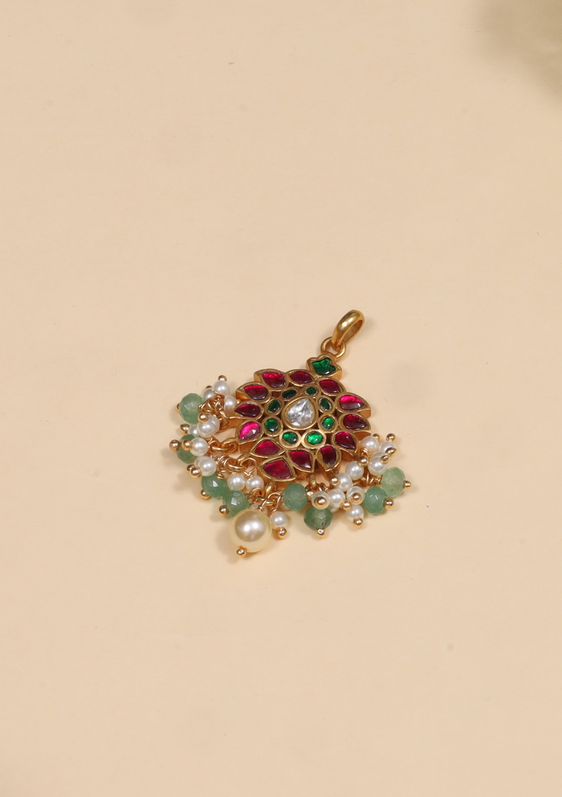 Pretty Small Jadau Kundan Pendant with Pearl and Green Beads Hangings