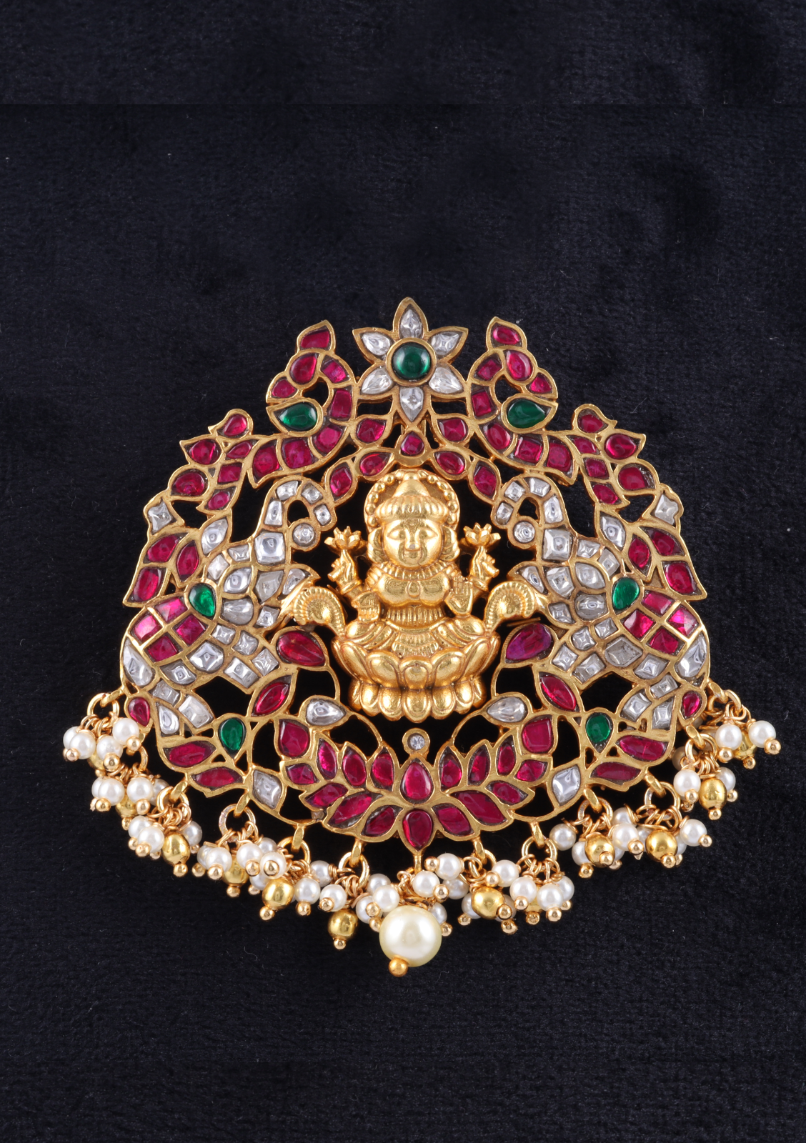 Beautiful Lakshmi Goddess Peacock Jadau Kundan Pendant with Pearl Hangings