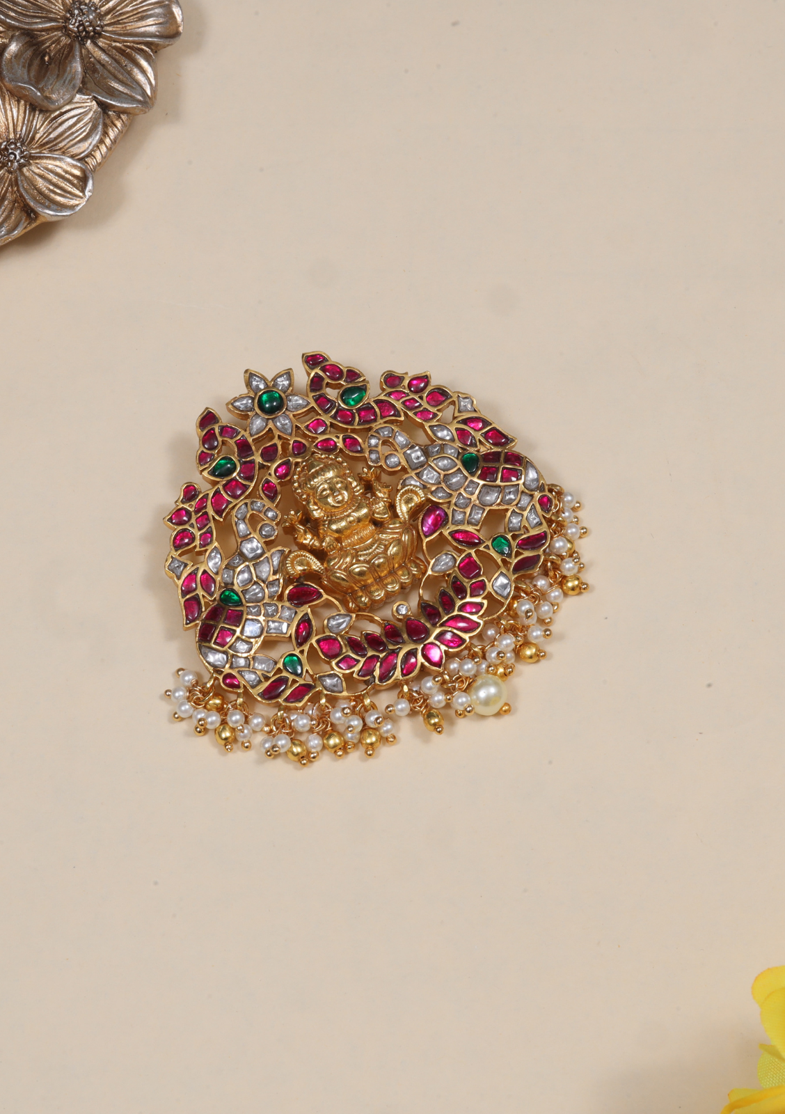 Beautiful Lakshmi Goddess Peacock Jadau Kundan Pendant with Pearl Hangings