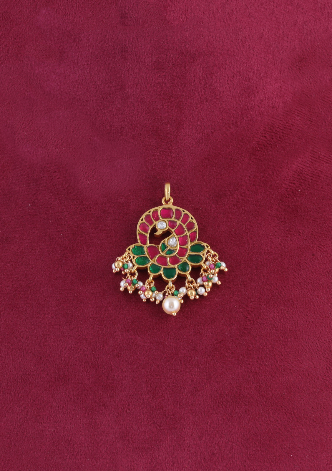 Simple Peacock Motif Jadau Kundan Pendant with Pearl and Colour Stone Beads Hangings