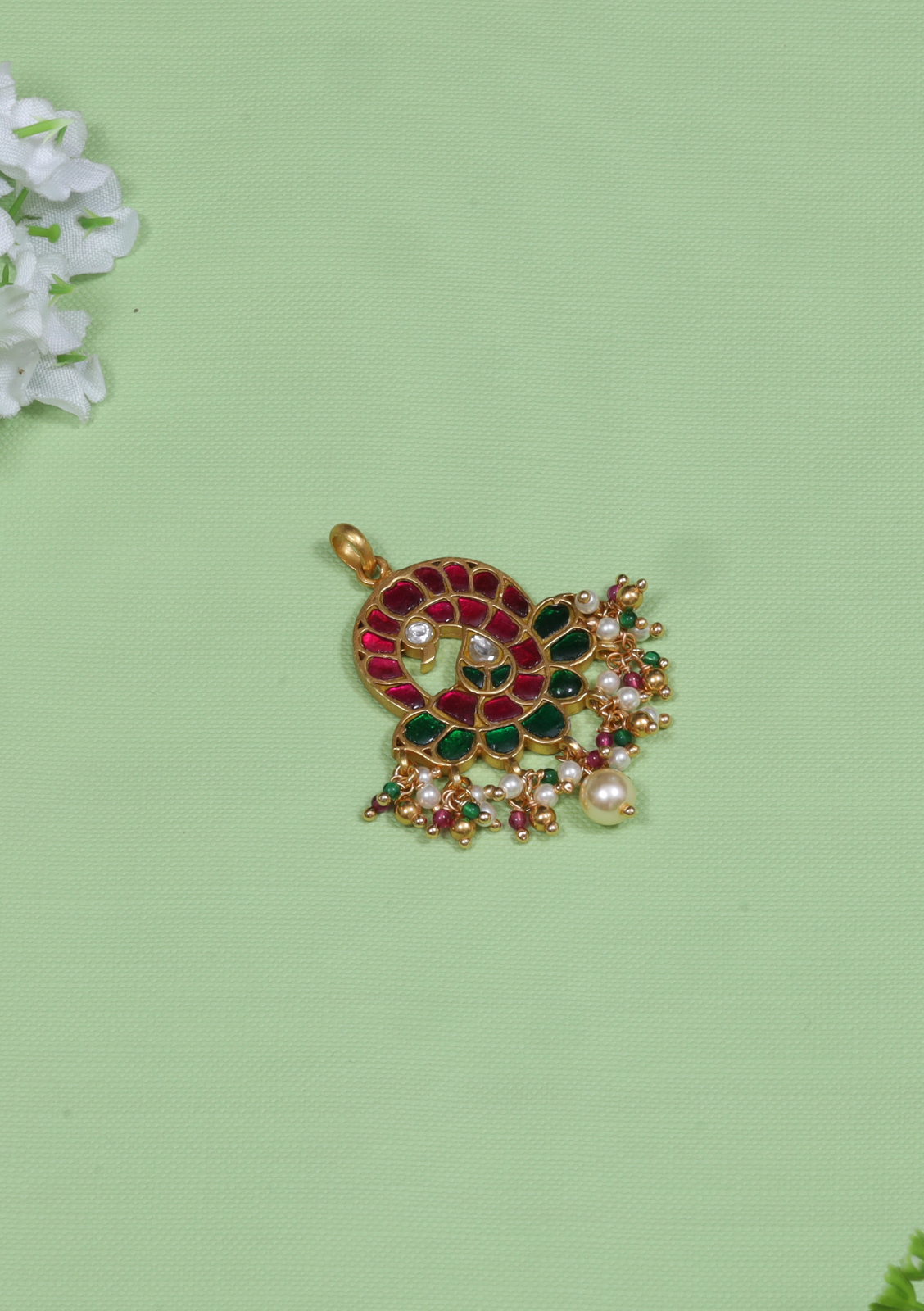 Simple Peacock Motif Jadau Kundan Pendant with Pearl and Colour Stone Beads Hangings