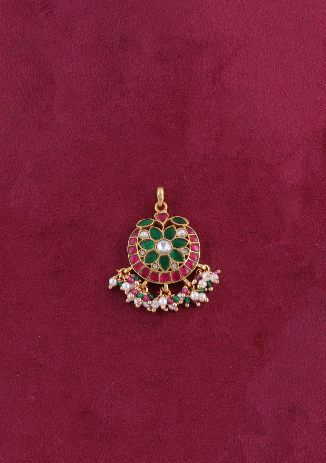 Classy Ruby and Emerald Jadau Kundan Pendant with Pearls and Colour Stone Hangings
