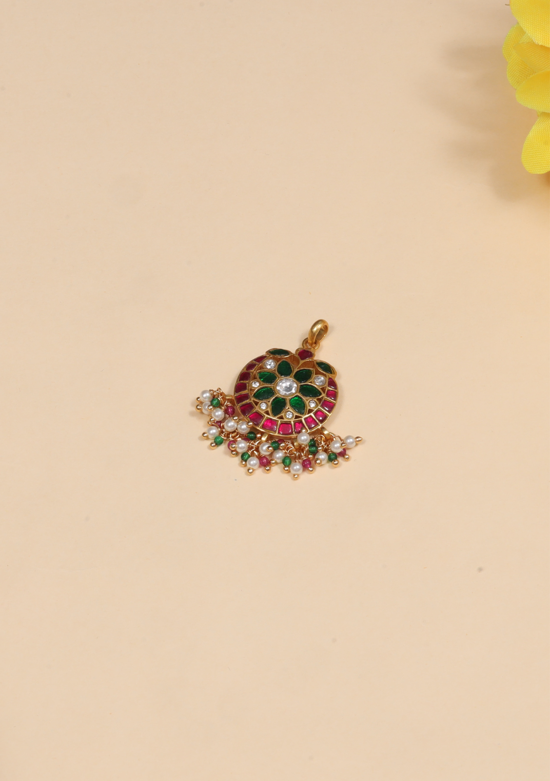 Classy Ruby and Emerald Jadau Kundan Pendant with Pearls and Colour Stone Hangings