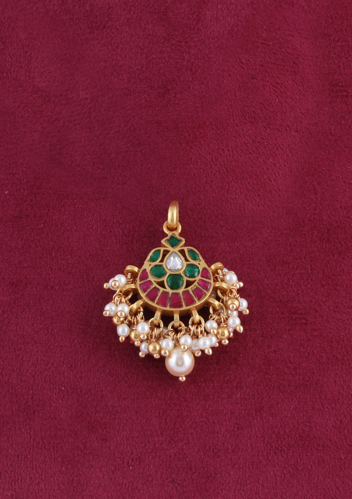 Cute Dainty Jadau Kundan Pendant with Pearl Hangings