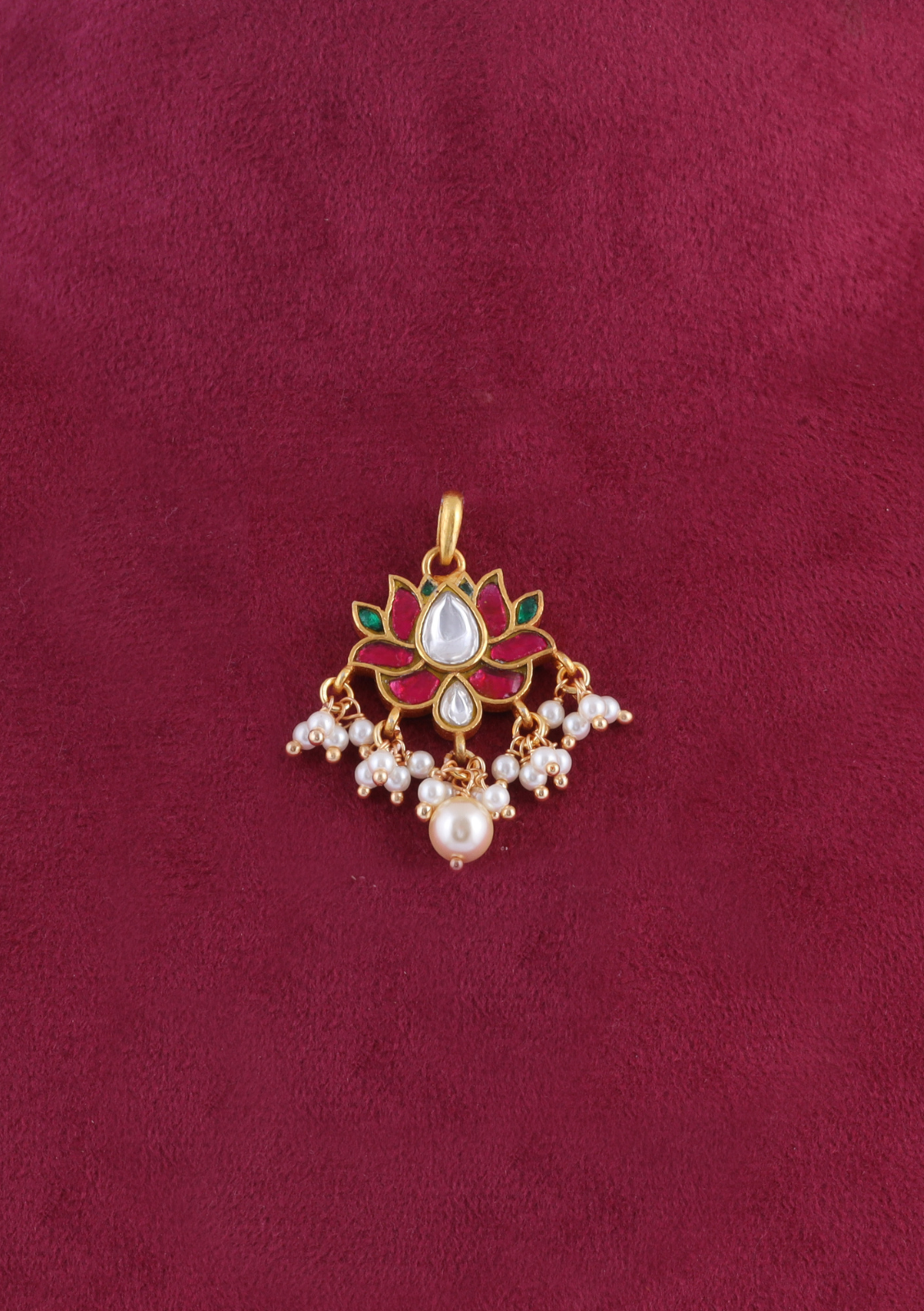Dainty Lotus Designer Jadau Kundan Pendant Earring Set with Pearl Hangings