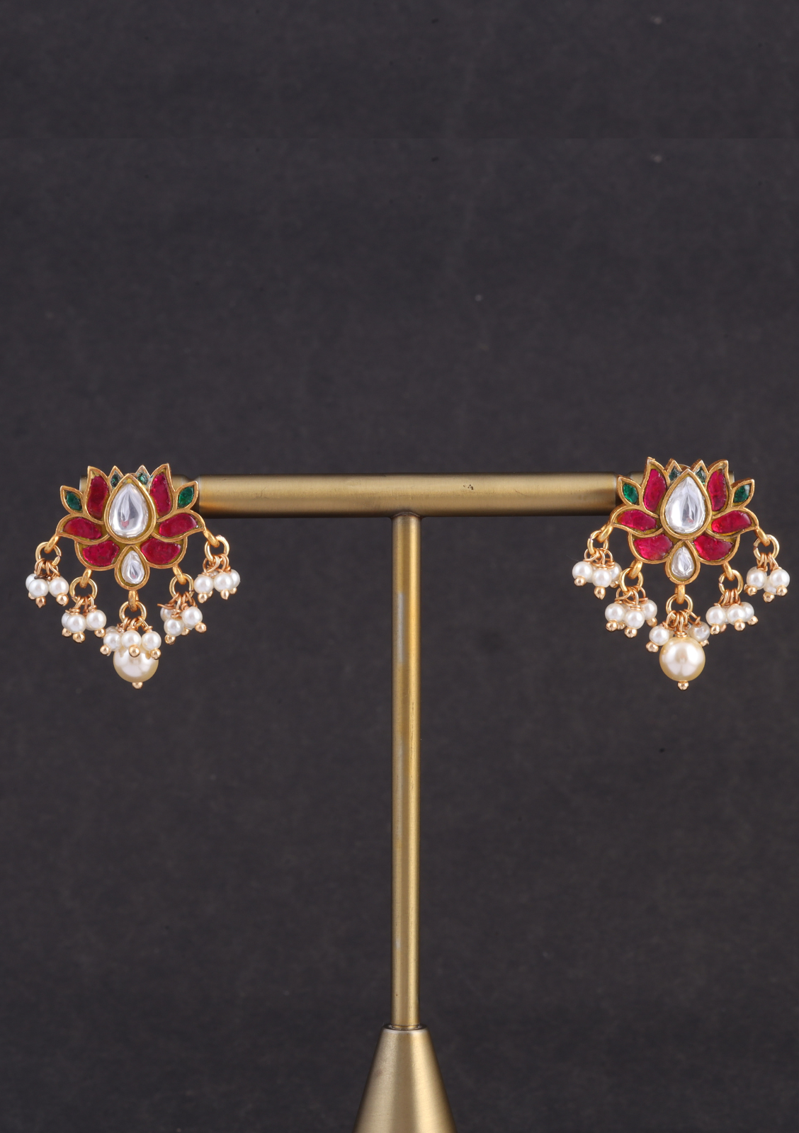 Dainty Lotus Designer Jadau Kundan Pendant Earring Set with Pearl Hangings