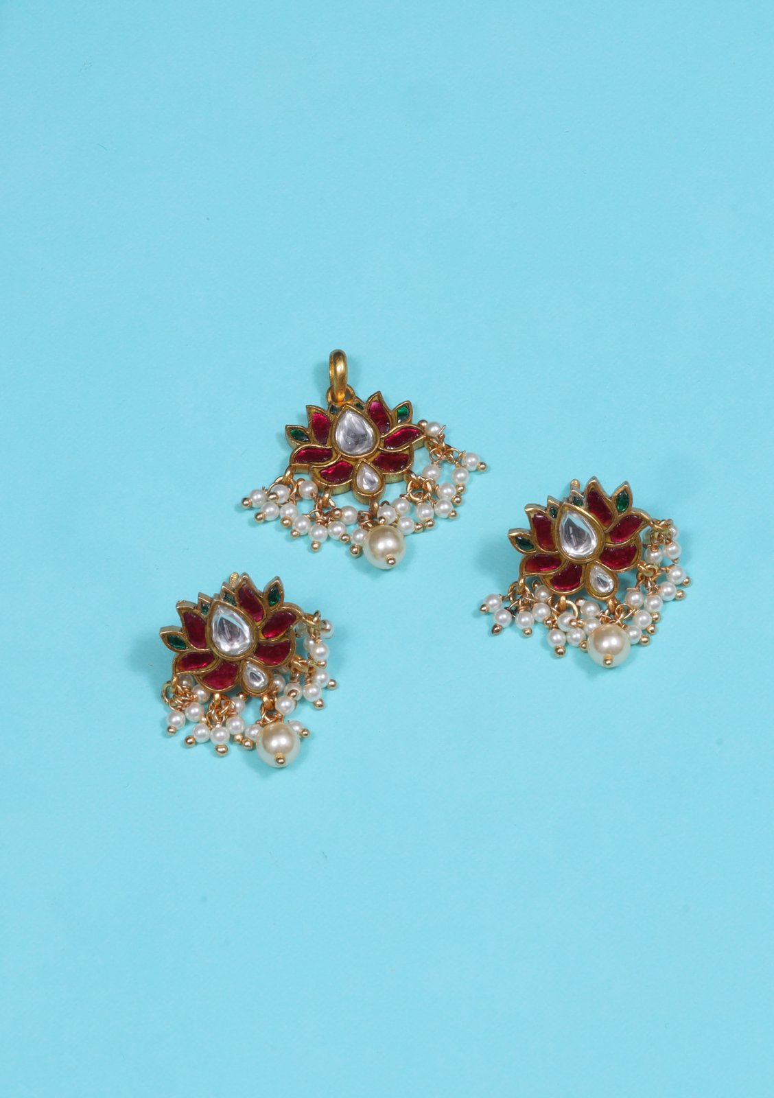 Dainty Lotus Designer Jadau Kundan Pendant Earring Set with Pearl Hangings