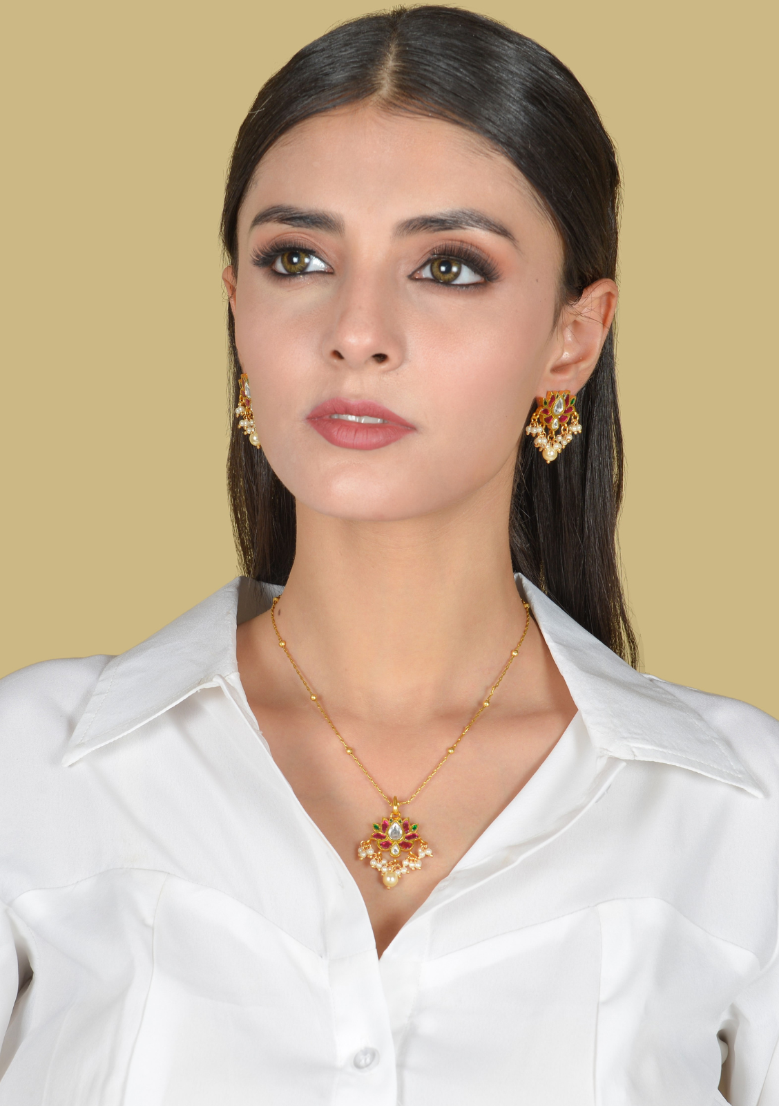 Dainty Lotus Designer Jadau Kundan Pendant Earring Set with Pearl Hangings