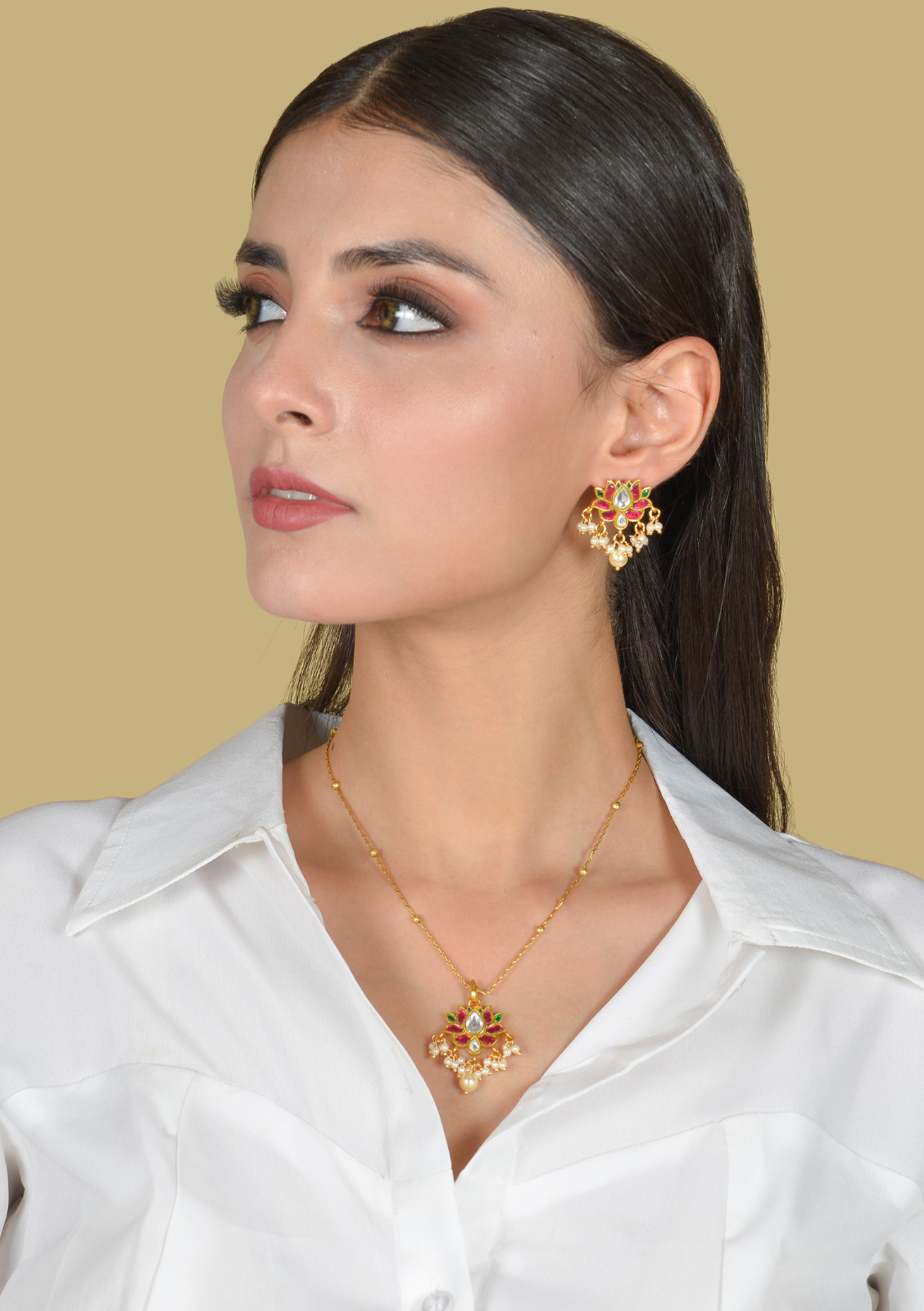 Dainty Lotus Designer Jadau Kundan Pendant Earring Set with Pearl Hangings