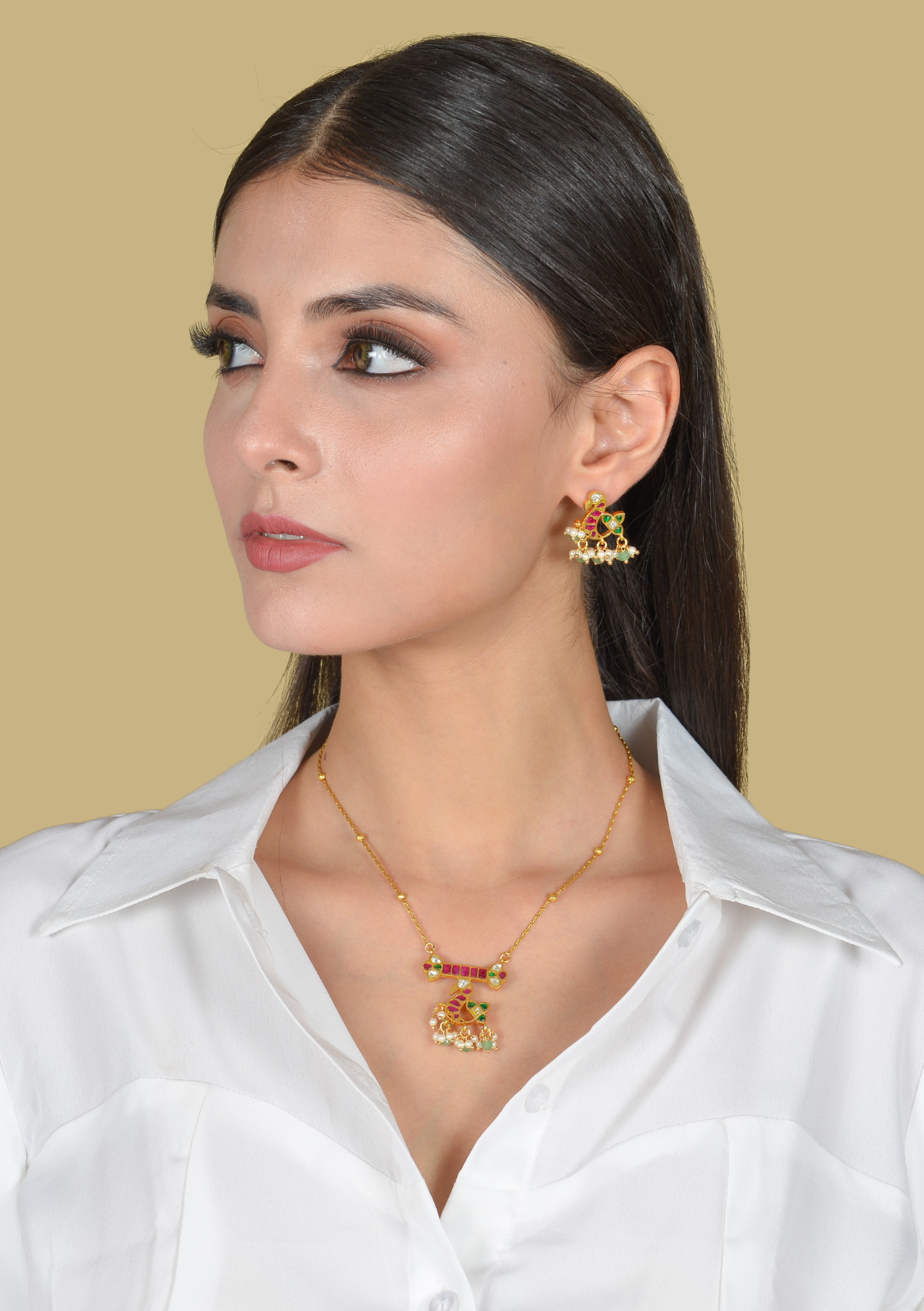 Beautiful Designer Jadau Kundan Pendant Earring Set with Pearl Hangings