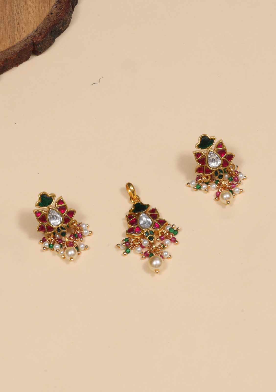 Glorious Designer Jadau Kundan Pendant Earring Set with Pearl Hangings