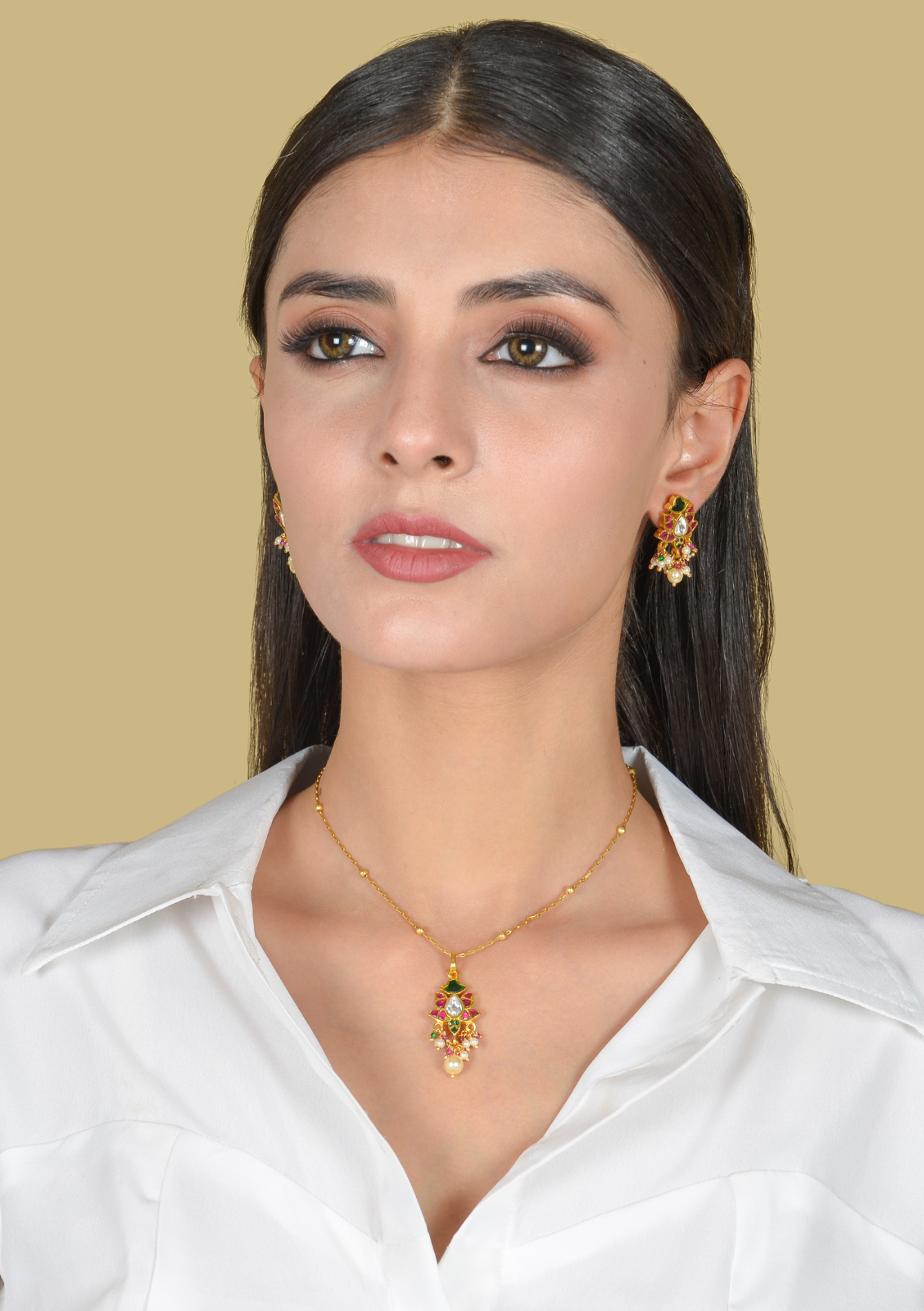 Glorious Designer Jadau Kundan Pendant Earring Set with Pearl Hangings