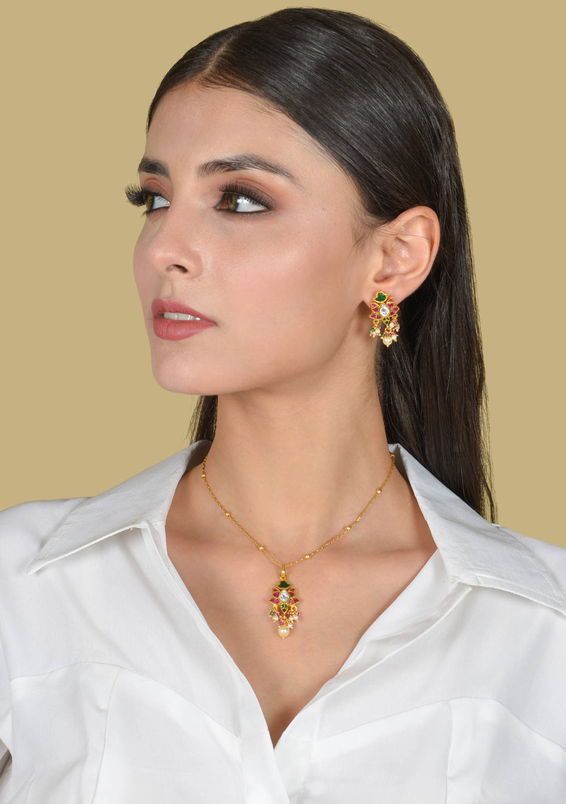 Glorious Designer Jadau Kundan Pendant Earring Set with Pearl Hangings