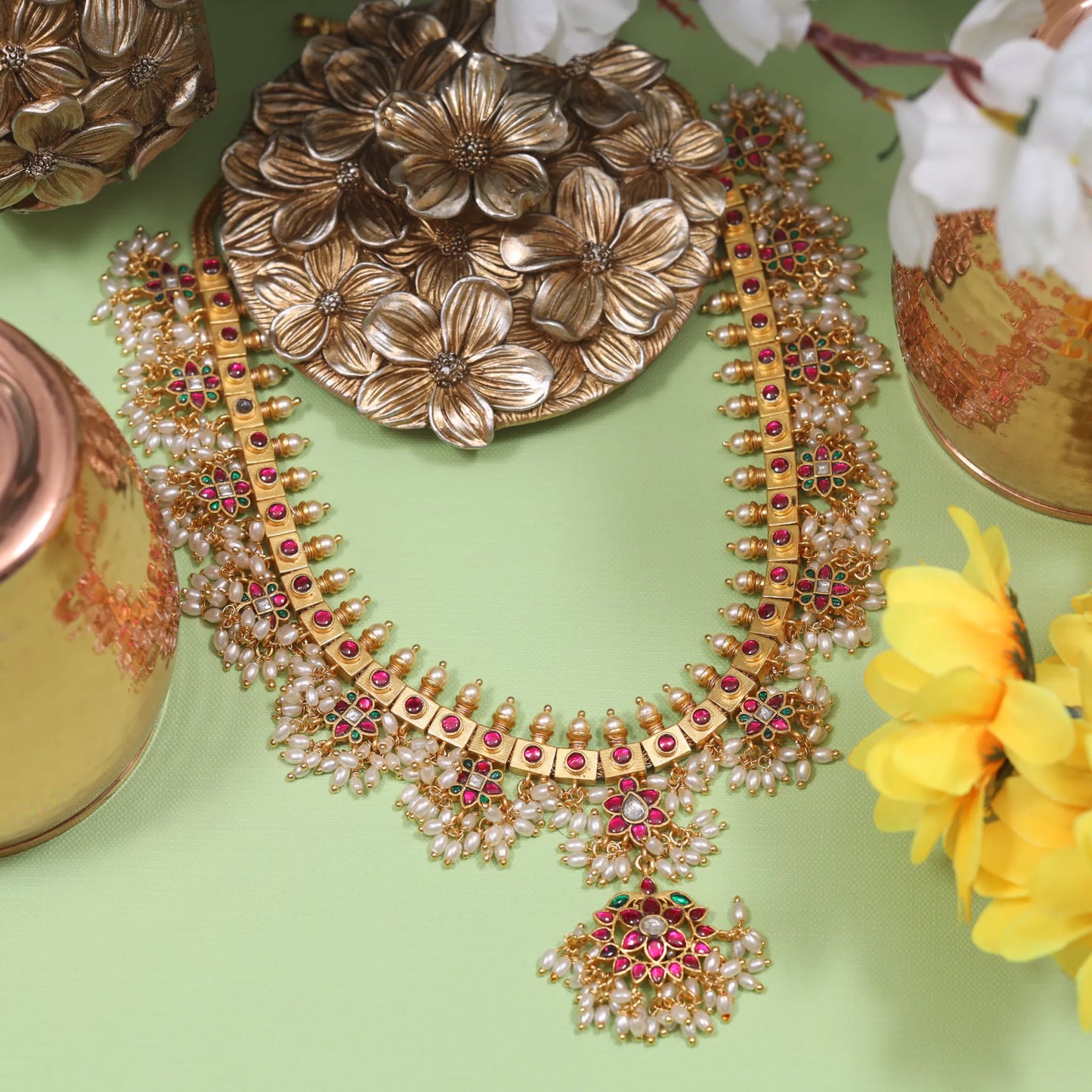 Beautiful Designer Guttapusalu Necklace Real Jadau Kundan work with Rice Pearls