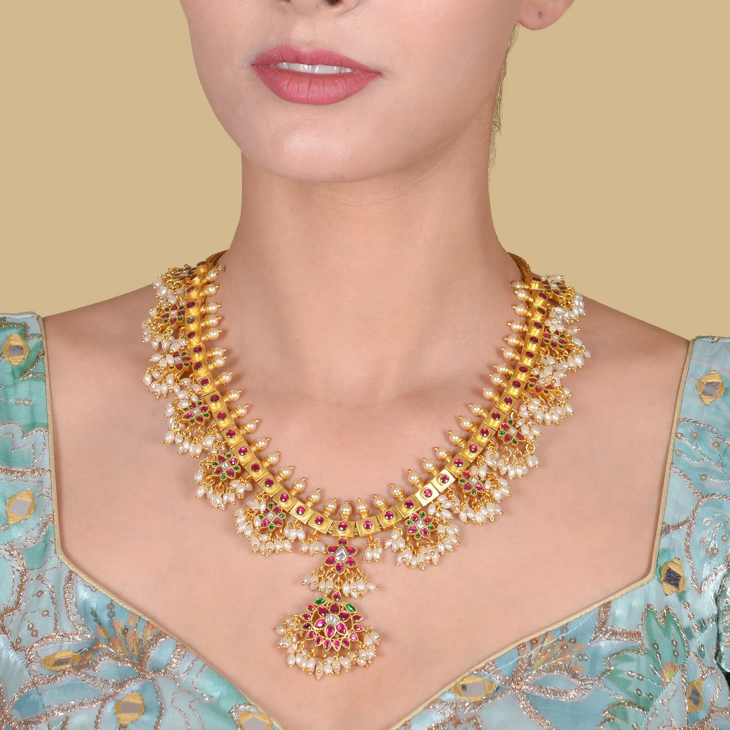 Beautiful Designer Guttapusalu Necklace Real Jadau Kundan work with Rice Pearls