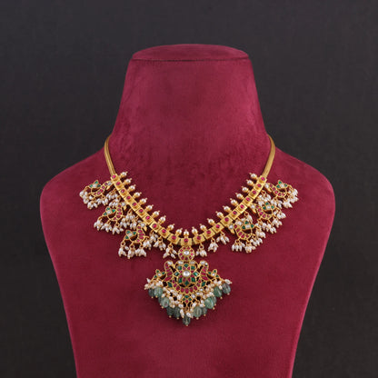 Traditional Peacock Guttapusalu Jadau Kundan Necklace with Emerald Green Hangings and Rice Pearls