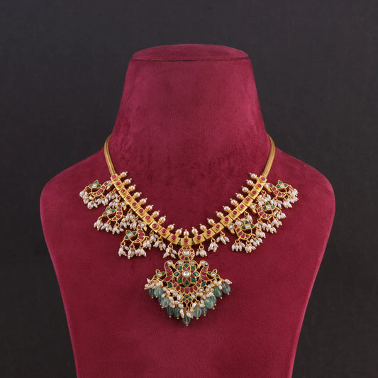 Traditional Peacock Guttapusalu Jadau Kundan Necklace with Emerald Green Hangings and Rice Pearls